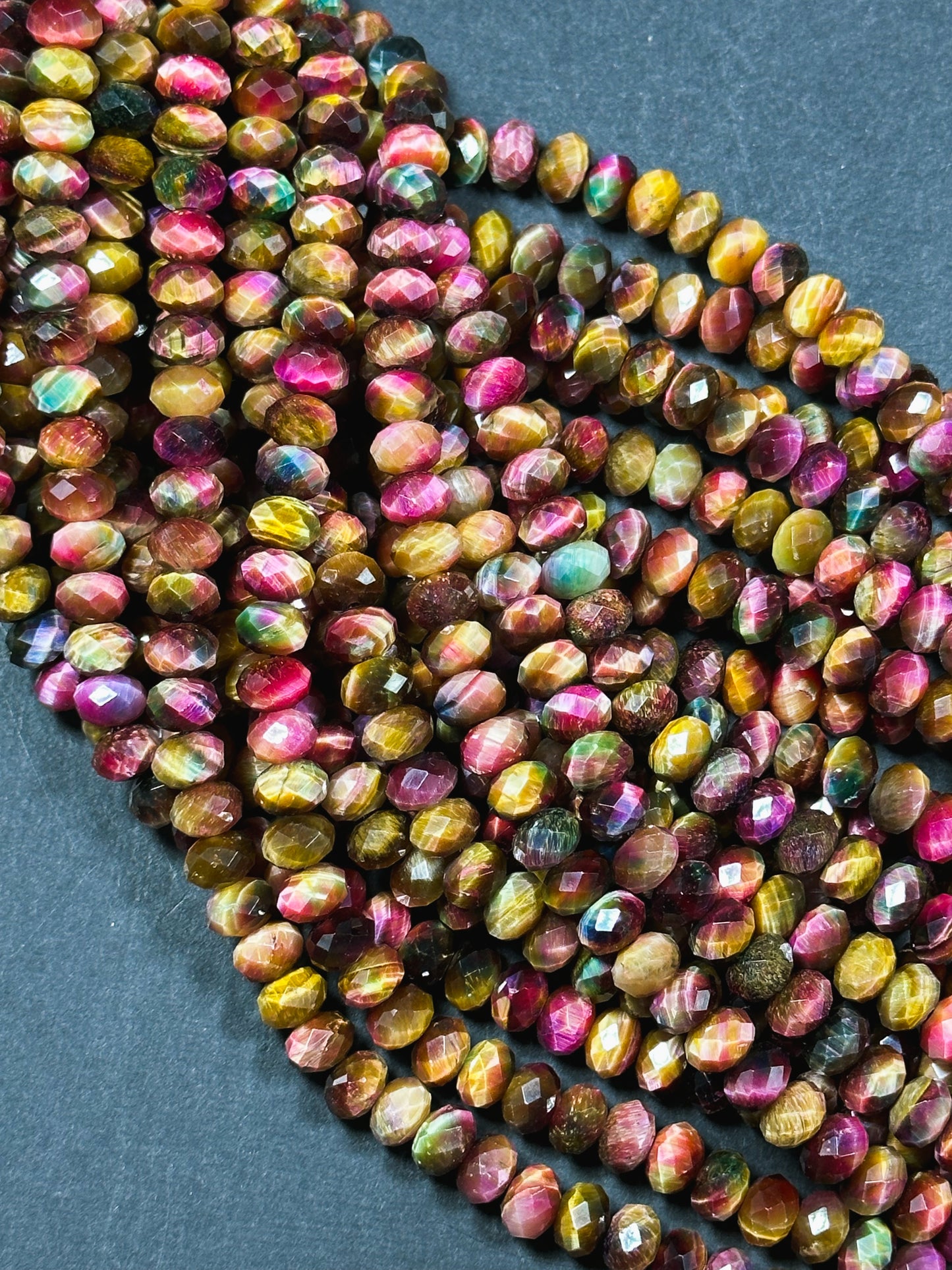 Natural Galaxy Tiger Eye Gemstone Bead Faceted 8x5mm Rondelle Shape, Gorgeous Multicolor Pink Golden Brown Color Tiger Eye Full Strand 15.5"