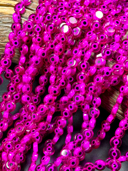 Beautiful Evil Eye Glass Beads 6mm 8mm Flat Coin Shape, Beautiful Hot Pink Magenta Color Evil Eye Beads, Religious Amulet Prayer Beads