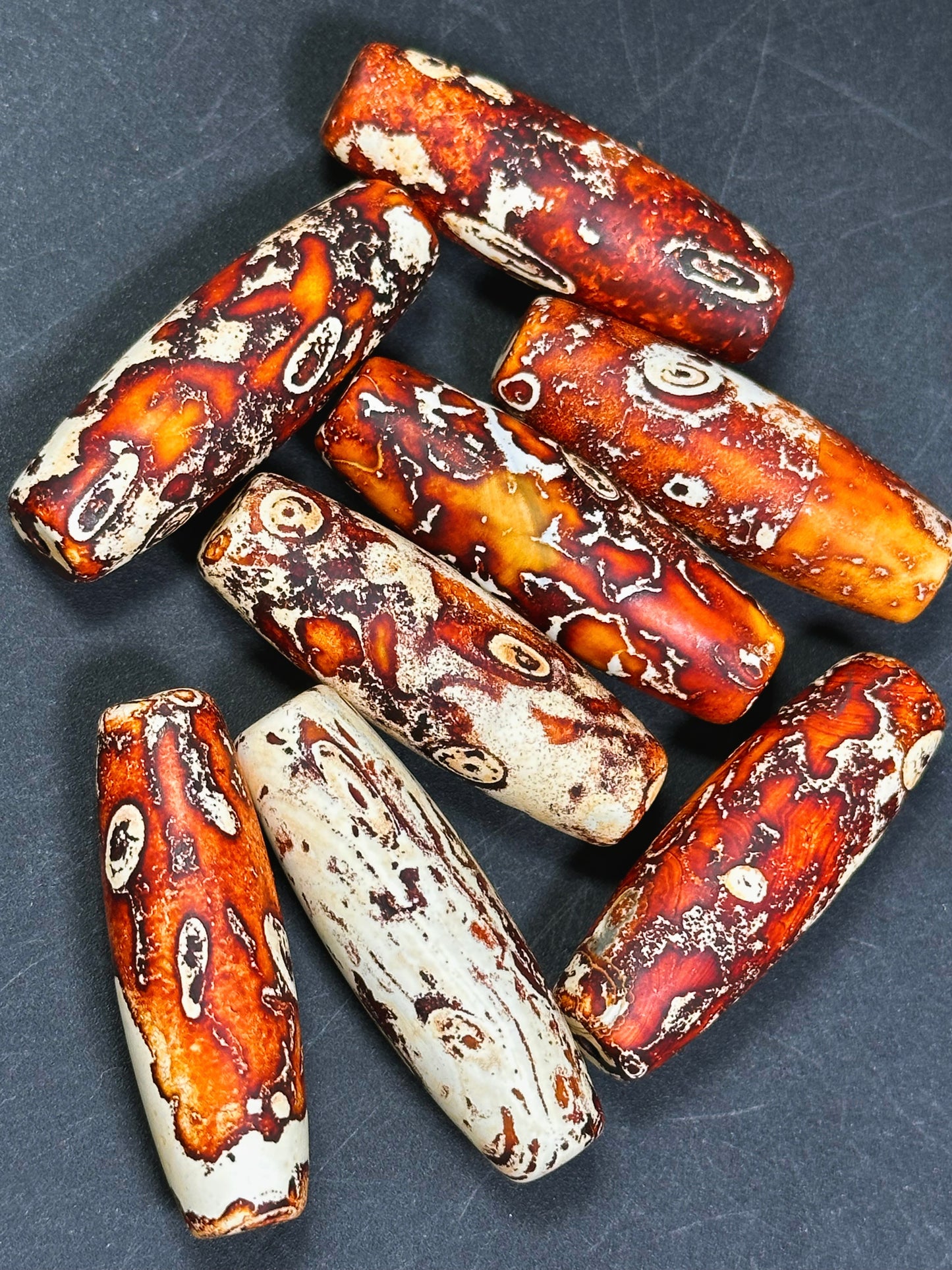 AAA Hand Painted Tibetan Gemstone Bead 39x13mm Barrel Shape Bead, Beautiful Orange Beige Color Unique Design Tibetan Agate LOOSE BEADS