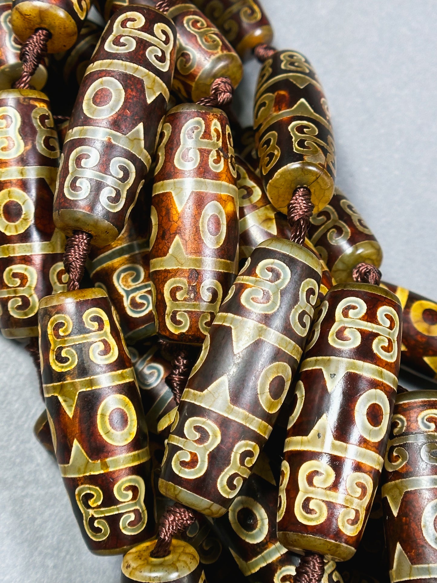 Natural Tibetan Gemstone Bead 39x13mm Barrel Shape Bead, Beautiful Brown Hand Painted Design Tibetan Beads, Great Quality Full Strand 15.5"