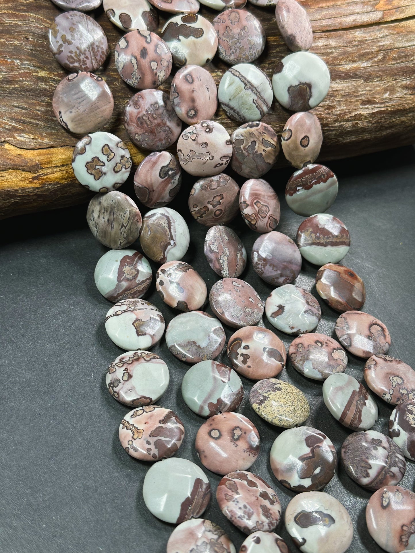 Natural Orbicular Jasper Gemstone Bead Faceted 19mm Coin Shape Bead, Beautiful Natural Gray Brown Color Jasper Stone Bead, Full Strand 15.5"