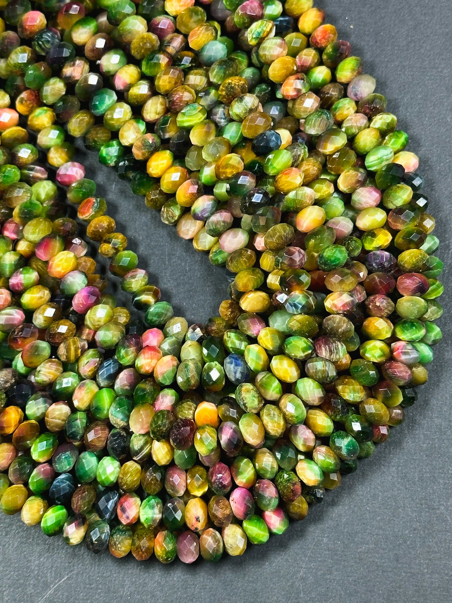 Beautiful Galaxy Tiger Eye Gemstone Bead Faceted 8x5mm Rondelle Shape, Gorgeous Multicolor Green Yellow Tiger Eye Beads Full Strand 15.5"