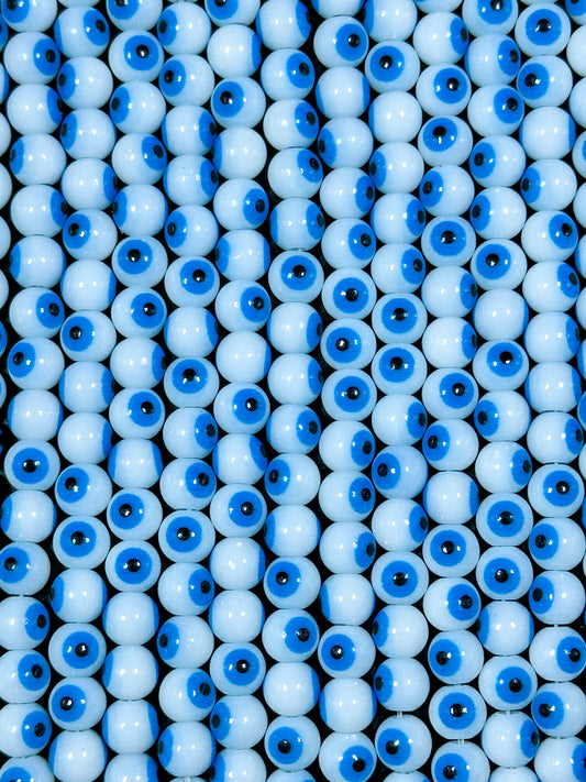 Beautiful Evil Eye Glass Beads 8mm Round Beads, Beautiful White with Blue Eyes Evil Eye Amulet Glass Beads, Full Strand Glass Beads