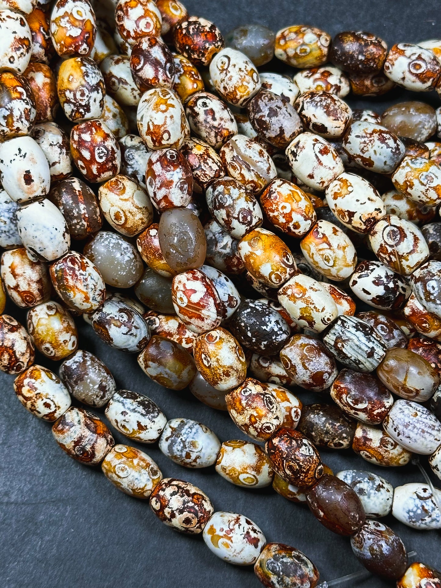 AAA Natural Tibetan Gemstone Bead 13x10mm Barrel Shape, Beautiful Orange Brown Hand Painted Tibetan Stone Bead, Excellent Quality 14" Strand