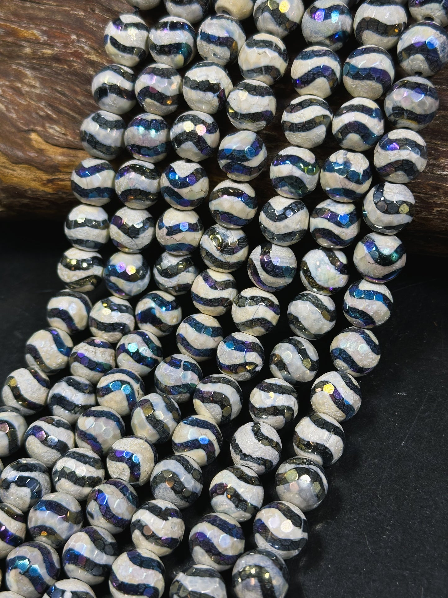 Mystic Natural Galaxy Tibetan Gemstone Bead Faceted 6mm 8mm 10mm 12mm Round Beads, Gorgeous Galaxy Purple Color Wave/Wavy Line Design Tibetan Beads 15.5" Strand