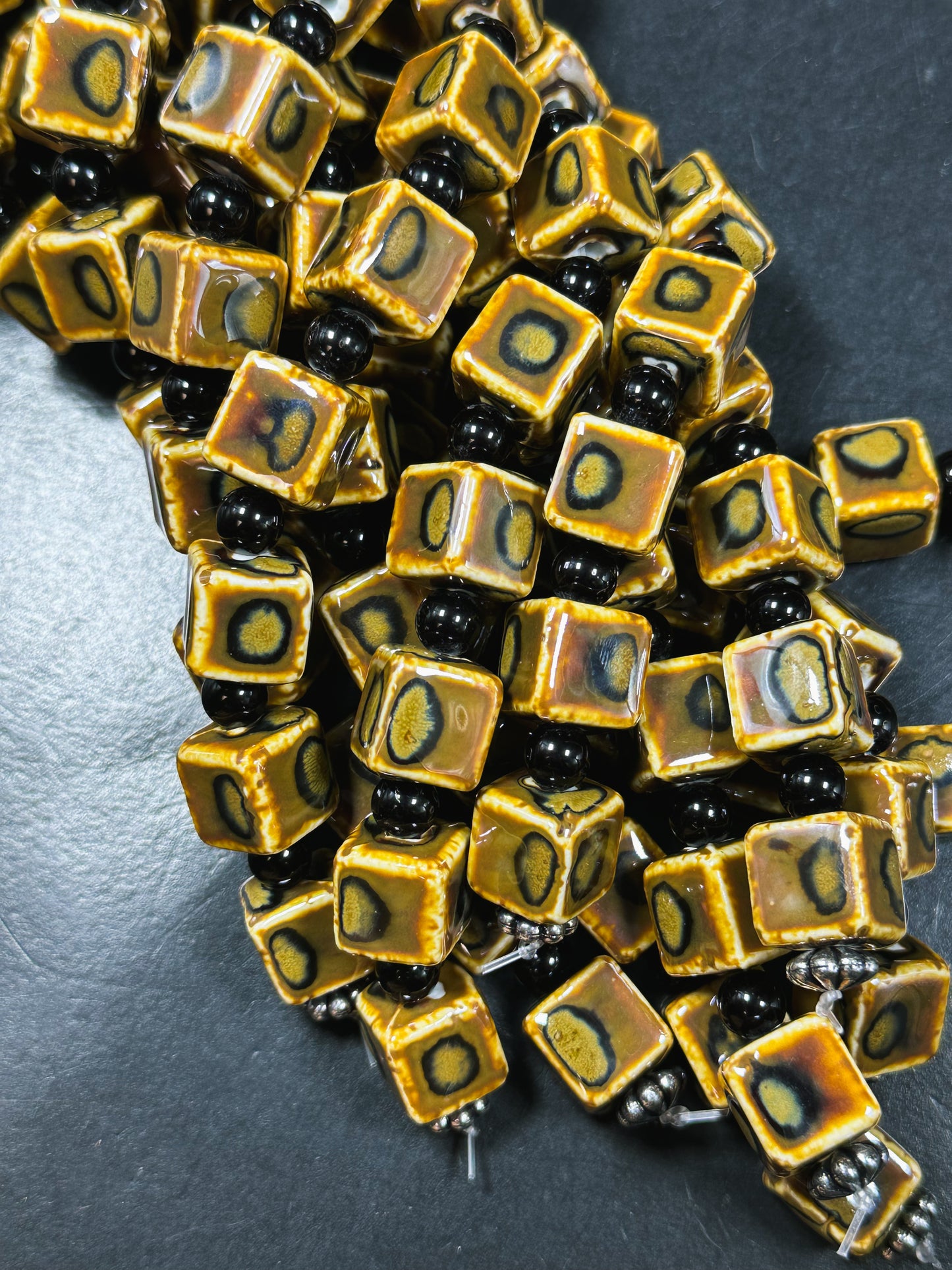 Beautiful Hand Painted Porcelain Beads, 14mm Unique Hand Painted Porcelain Cube Shape Beads, Gorgeous Brown Color Porcelain Bead 8"