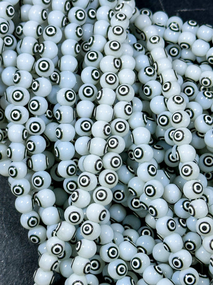 Beautiful White Evil Eye Glass Beads 6mm 8mm Round Beads, Beautiful White Black Evil Eye Amulet Glass Beads, Full Strand Glass Beads