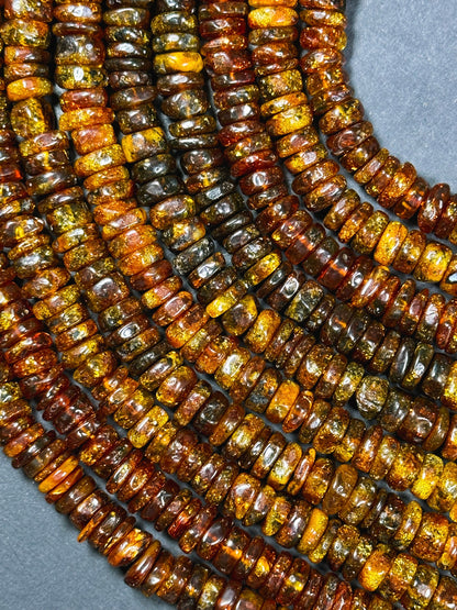 Natural Baltic Amber Gold Stone Bead 8-10mm Rondelle Shape, Beautiful Dark Golden Orange Color Baltic Amber Gold Succinite Beads, Great Quality Full Strand 15.5"