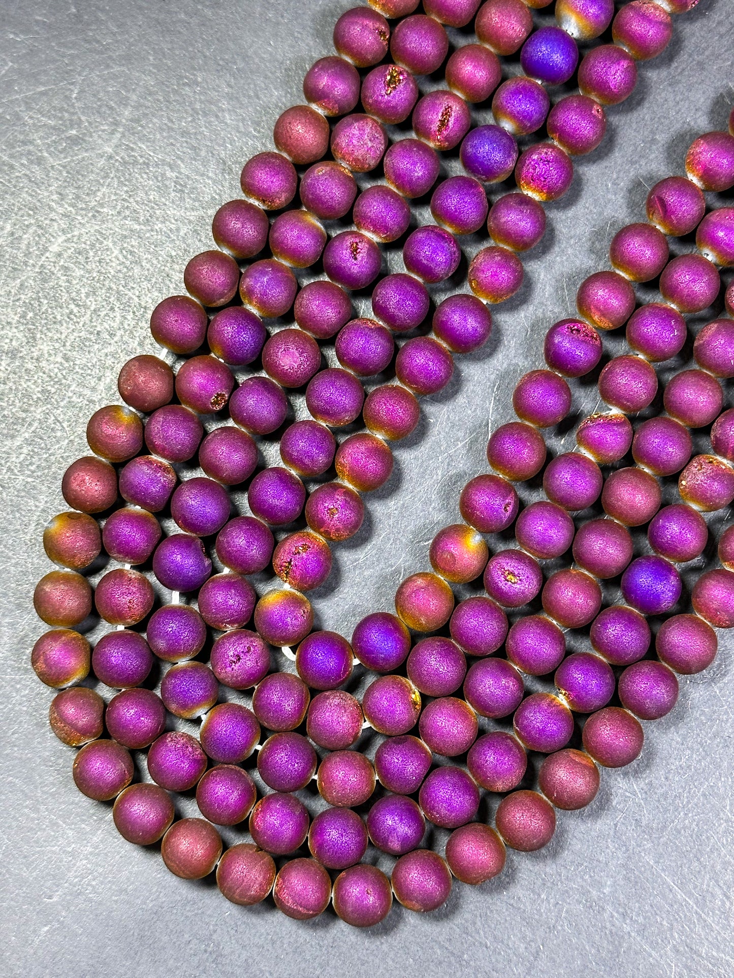 Natural Matte Druzy Agate Gemstone Beads 6mm 8mm 10mm 12mm Round Beads, Dark Magenta Purple Color Matte Druzy Agate Beads Full Strand 15.5"