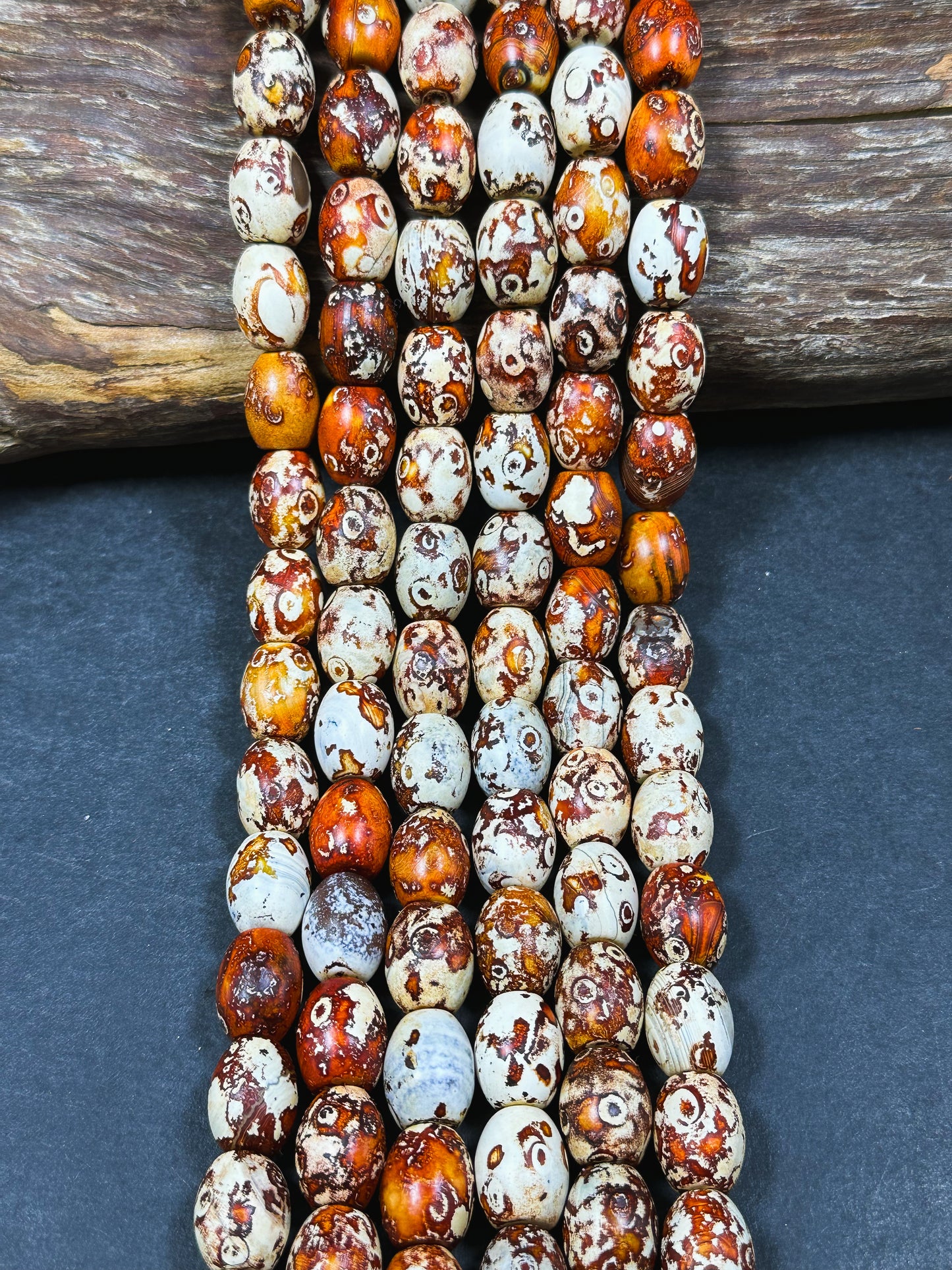 AAA Natural Tibetan Gemstone Bead 12x16mm Barrel Shape, Beautiful Orange Brown Hand Painted Tibetan Stone Bead, Excellent Quality 14" Strand