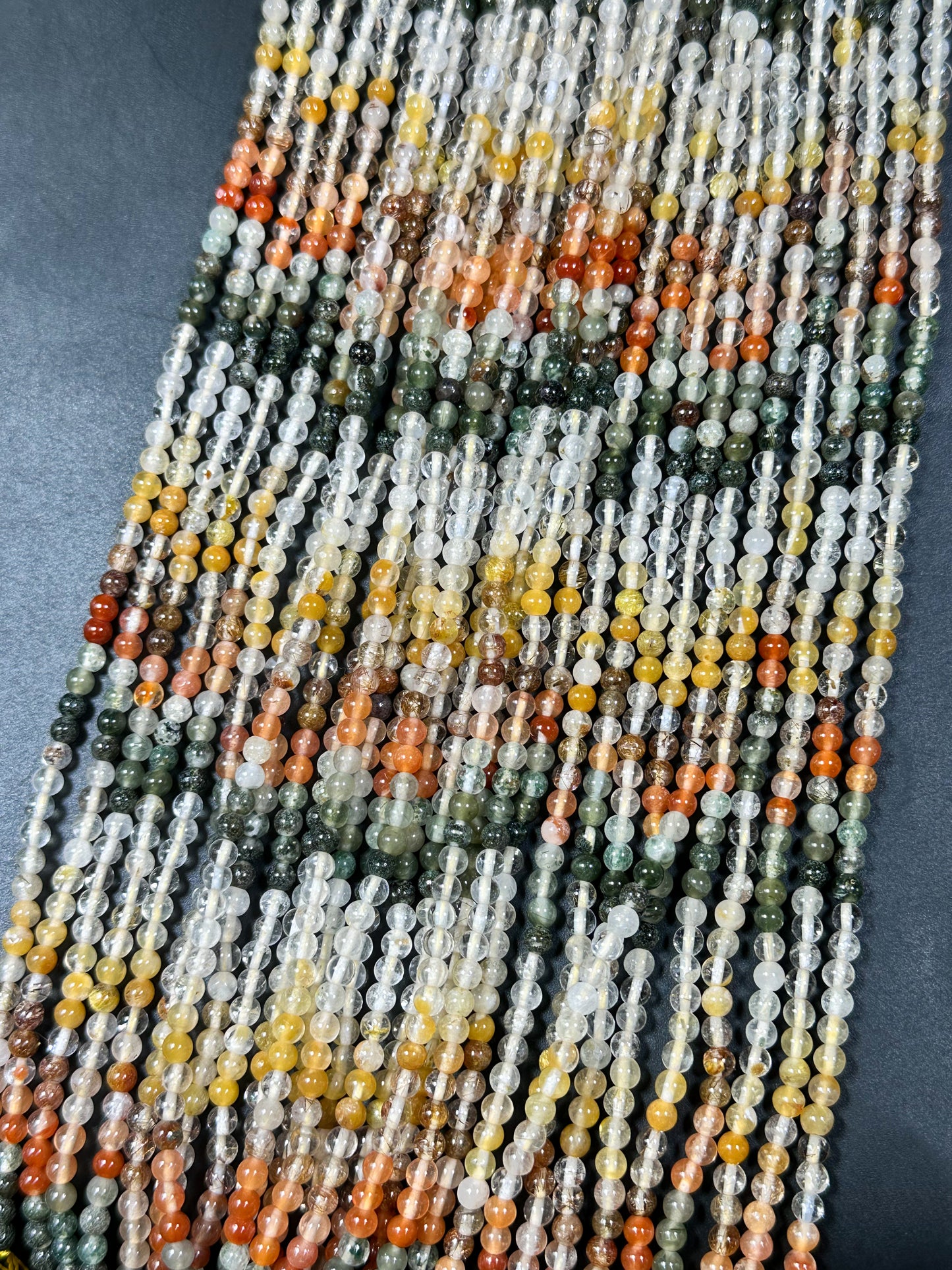 Natural Multi Rutilated Quartz Gemstone Bead 4mm Round Beads, Beautiful Multicolor Clear Yellow Orange Green Rutilated Quartz Beads 15.5"