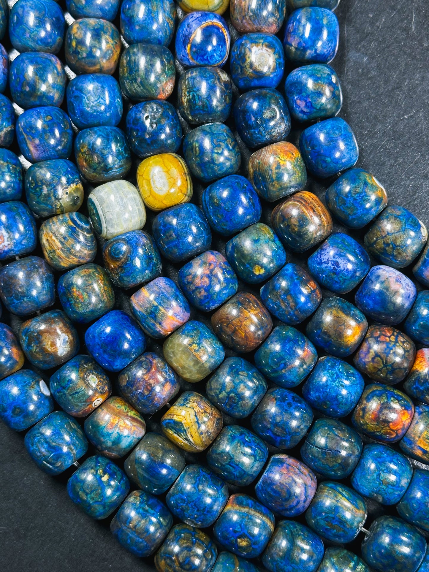 Natural Tibetan Gemstone Bead 12x13mm Barrel Shape, Gorgeous Multicolor Blue Color Tibetan Gemstone Beads, Excellent Quality Full Strand 13"