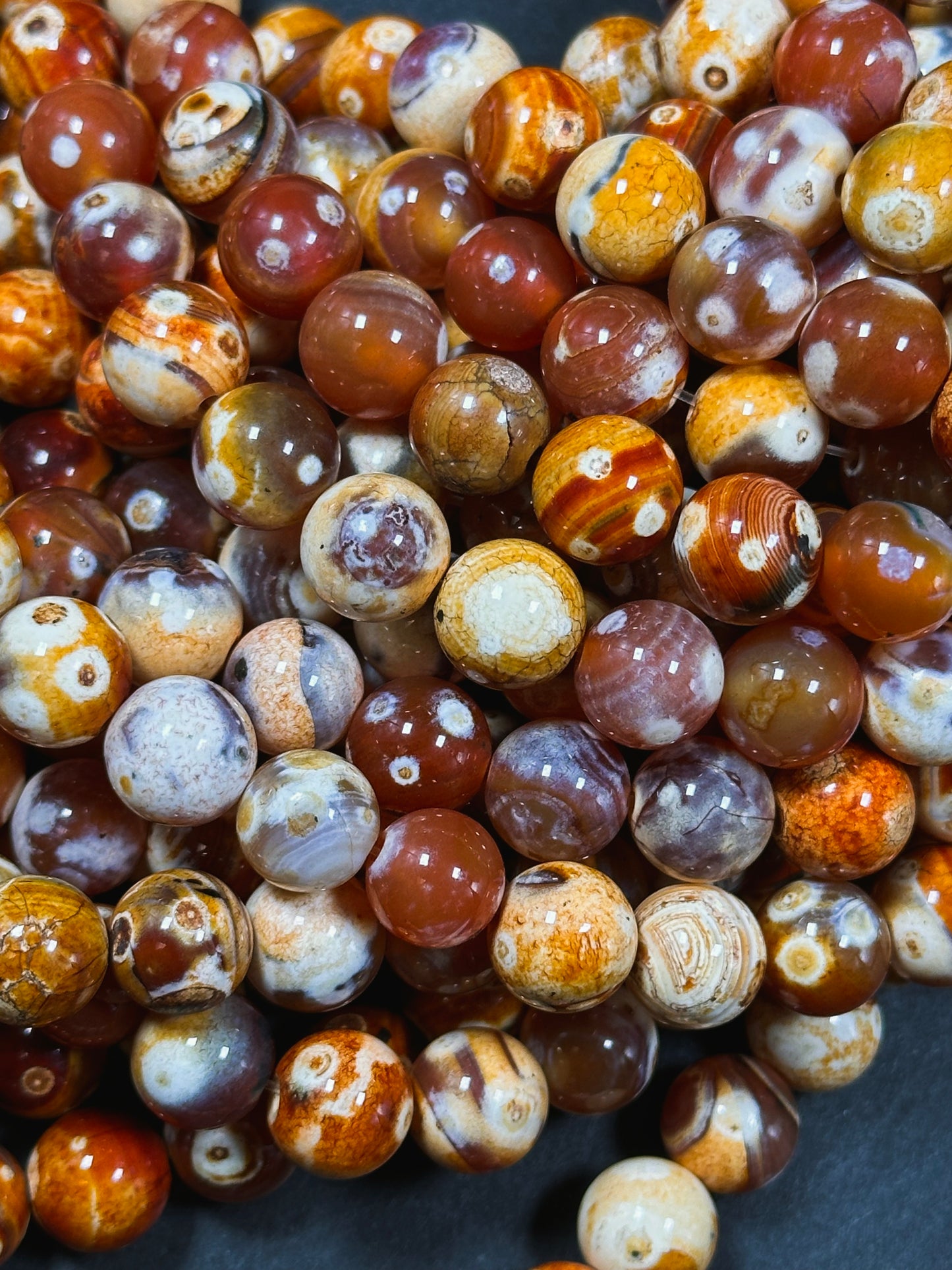 Natural Eye Agate Gemstone Bead 8mm 10mm Round Beads, Gorgeous Orange Red Beige Color Agate Gemstone Beads, Excellent Quality Full Strand 15.5"