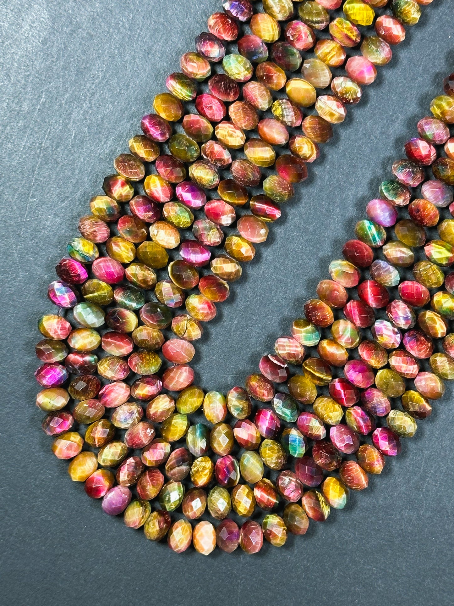 Natural Galaxy Tiger Eye Gemstone Bead Faceted 8x5mm Rondelle Shape, Gorgeous Multicolor Pink Golden Brown Color Tiger Eye Full Strand 15.5"