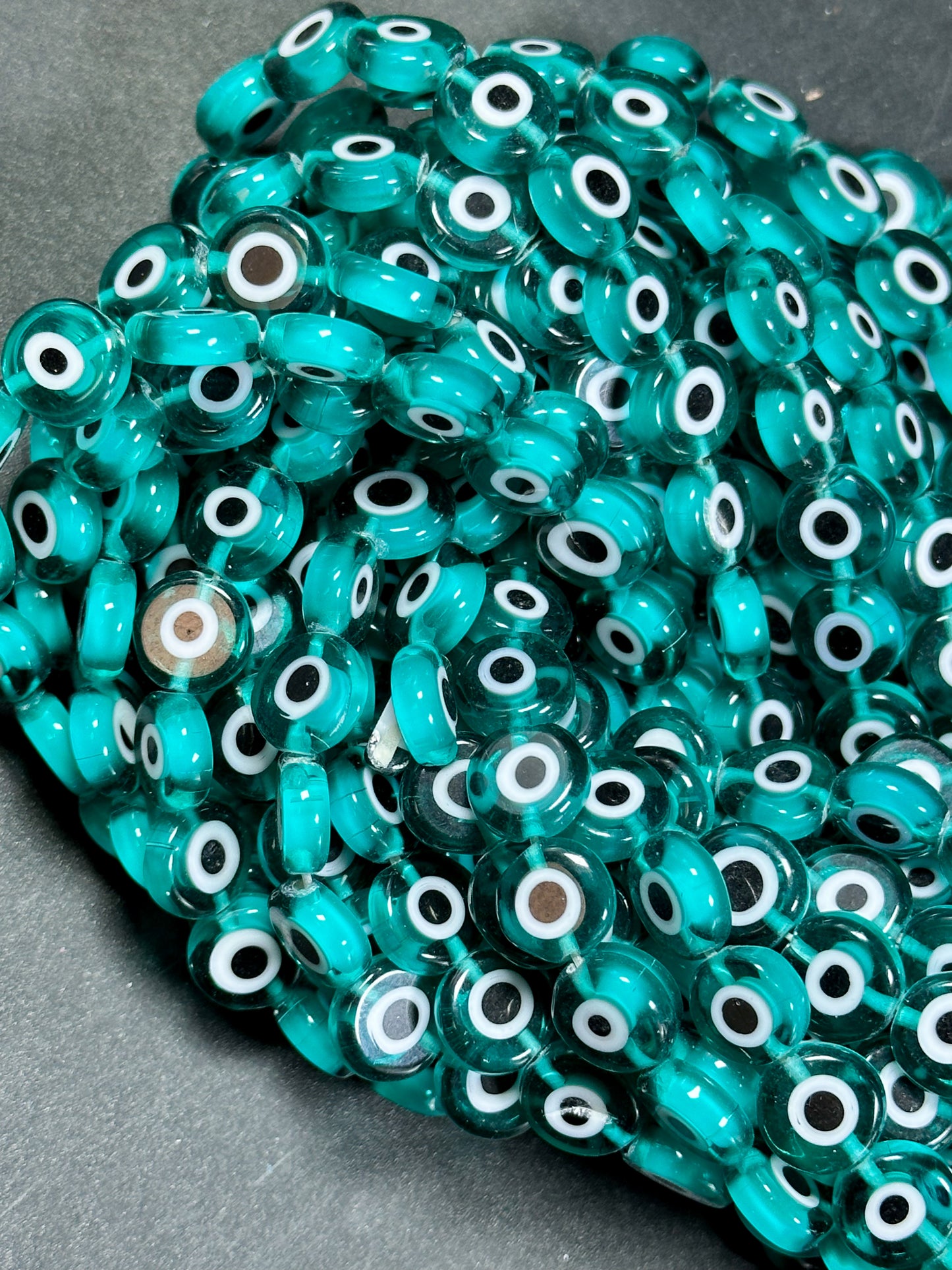 Beautiful Evil Eye Glass Beads 6mm 8mm 10mm Flat Coin Shape, Beautiful Turquoise Green Color Evil Eye Glass Beads, Religious Amulet Prayer Beads