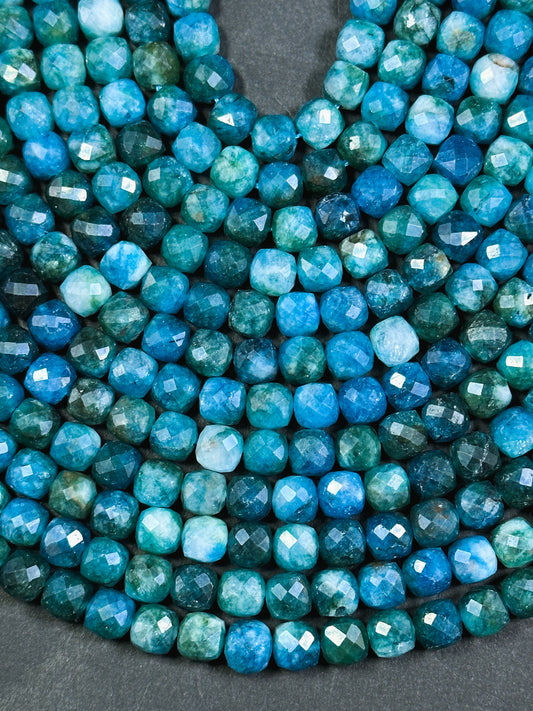 AAA Natural Apatite Gemstone Bead Faceted 7mm 9mm Round Edge Cube Shape Bead, Beautiful Natural Blue Color Apatite Full Strand 15.5"