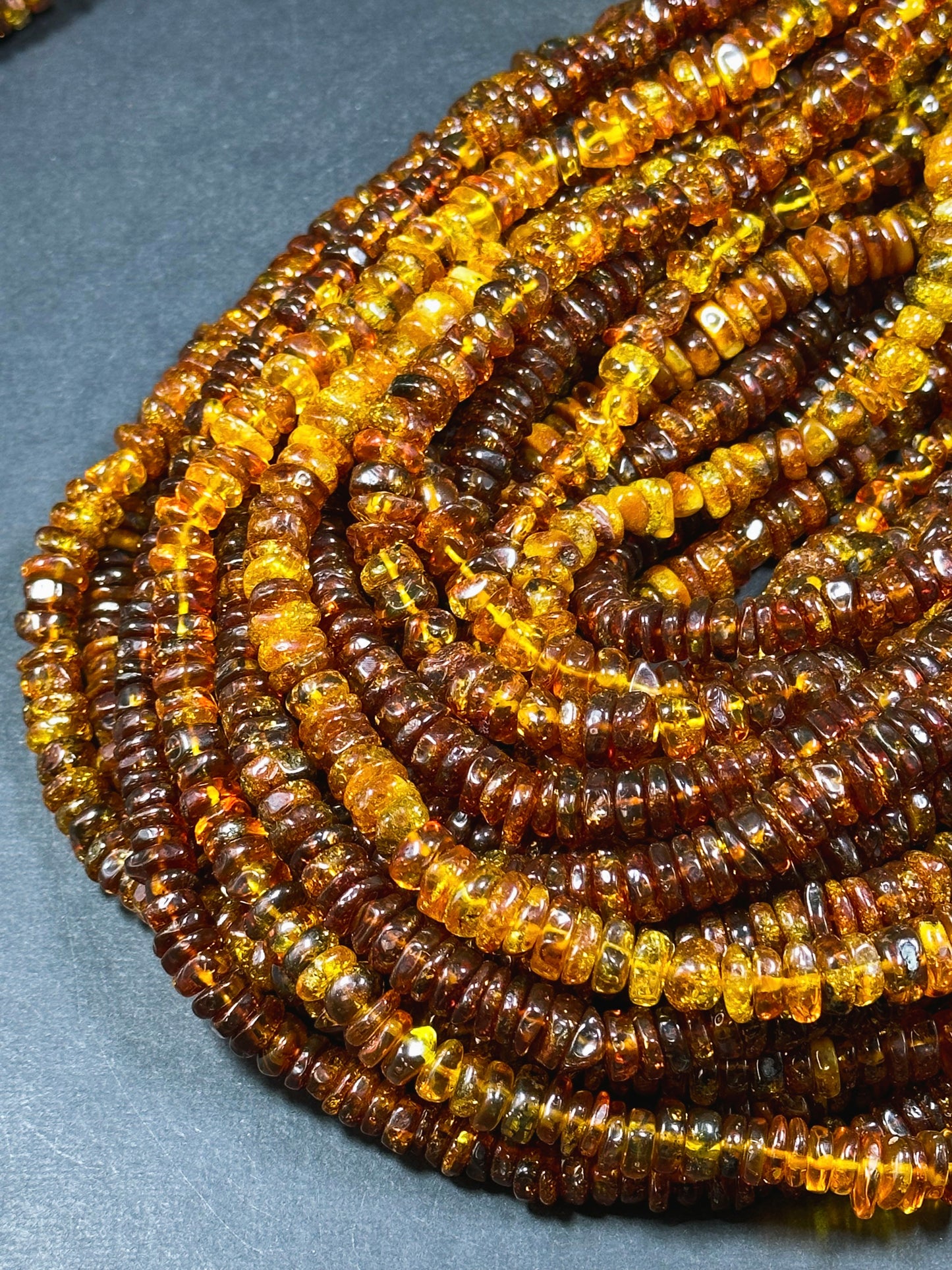 Natural Baltic Amber Gold Stone Bead 8-10mm Rondelle Shape, Beautiful Dark Golden Orange Color Baltic Amber Gold Succinite Beads, Great Quality Full Strand 15.5"