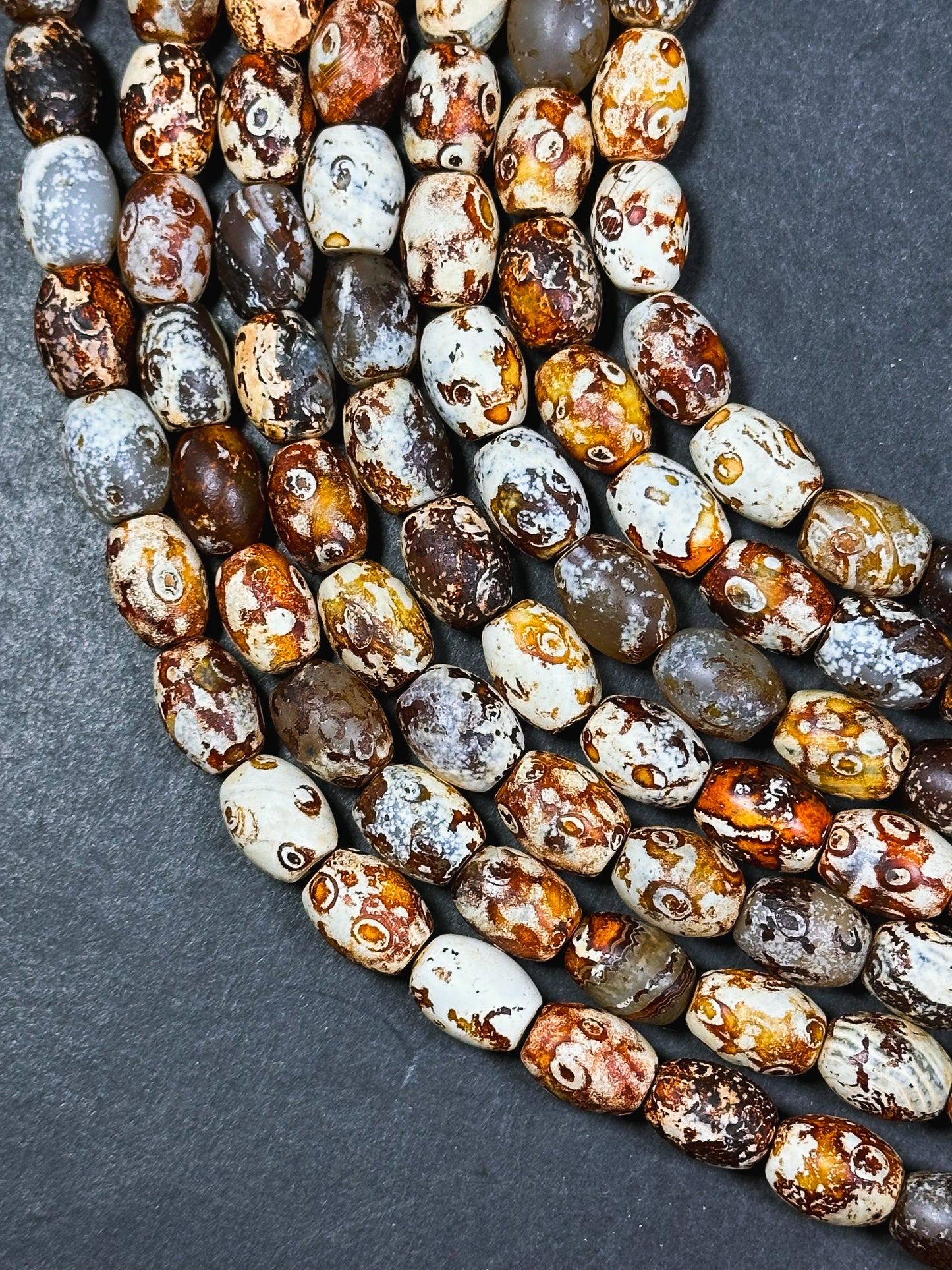 AAA Natural Tibetan Gemstone Bead 13x10mm Barrel Shape, Beautiful Orange Brown Hand Painted Tibetan Stone Bead, Excellent Quality 14" Strand