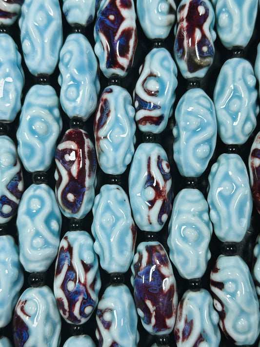 Beautiful Hand Painted Porcelain Beads, 35x17mm Unique Hand Painted Porcelain Barrel Shape Beads, Gorgeous Blue Red Color Porcelain Bead 9"