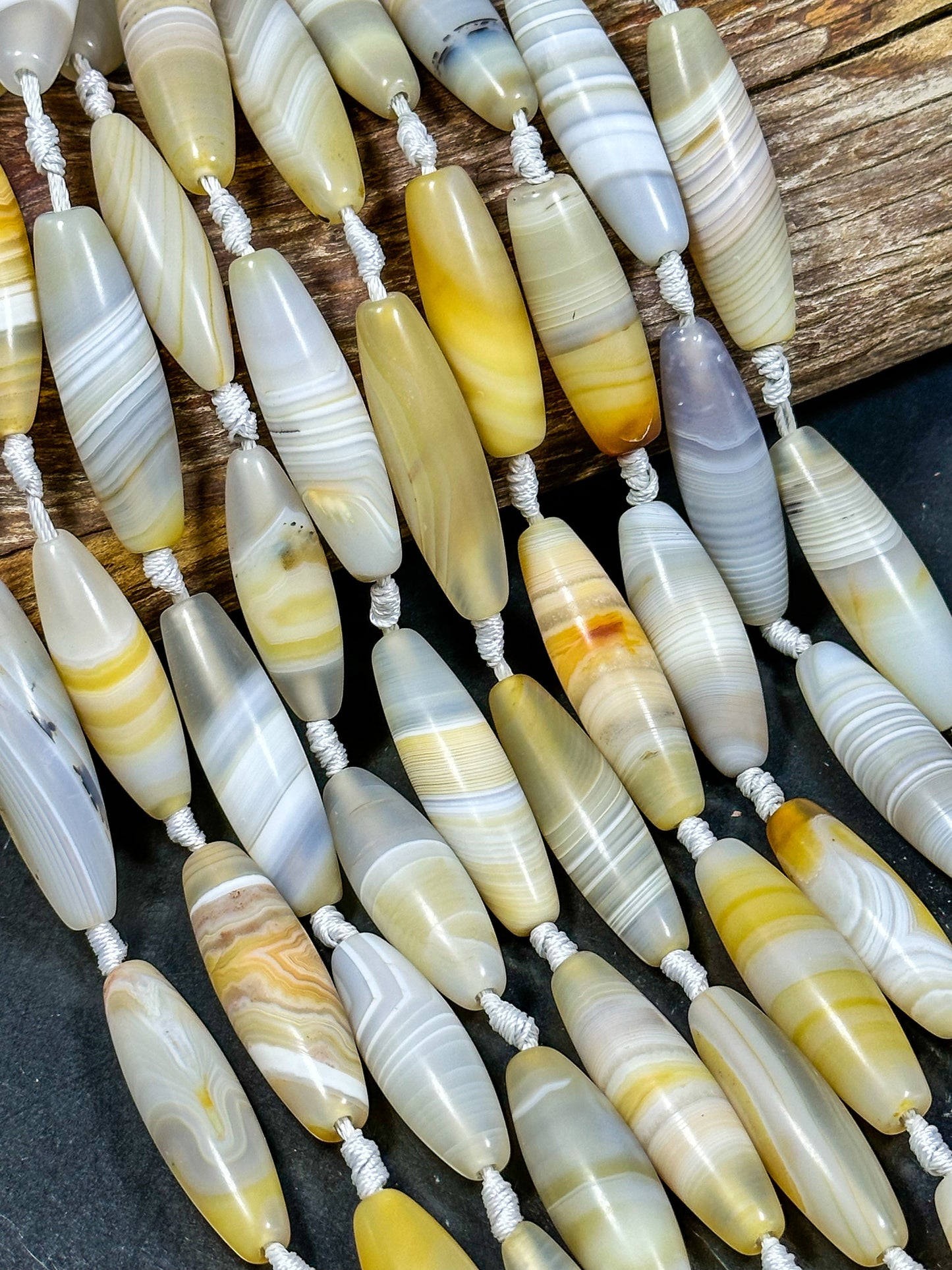 NATURAL Botswana Agate Gemstone Bead 38x12mm to 45x13mm Barrel Shape Beads, Beautiful White Yellow Color Botswana Beads Full Strand 15.5"