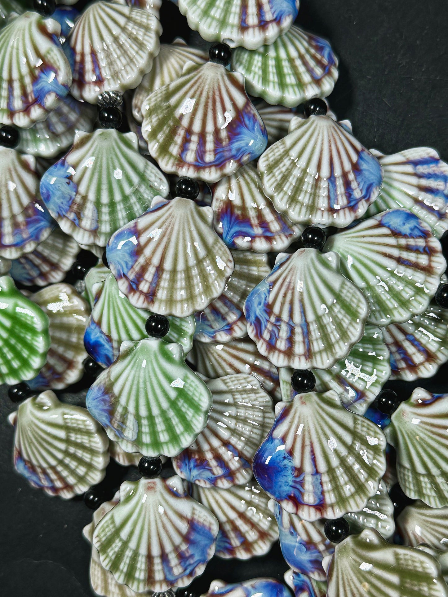 Beautiful Hand Painted Porcelain Beads, 31x28mm Unique Hand Painted Porcelain Scallop Shape Beads, Gorgeous Multicolor Porcelain Bead 9"