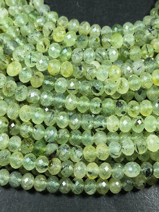 AAA Natural Prehnite Gemstone Bead Faceted 7x5mm Rondelle Shape, Natural Green Prehnite with Black Inclusions, Excellent Quality Full Strand 15.5"
