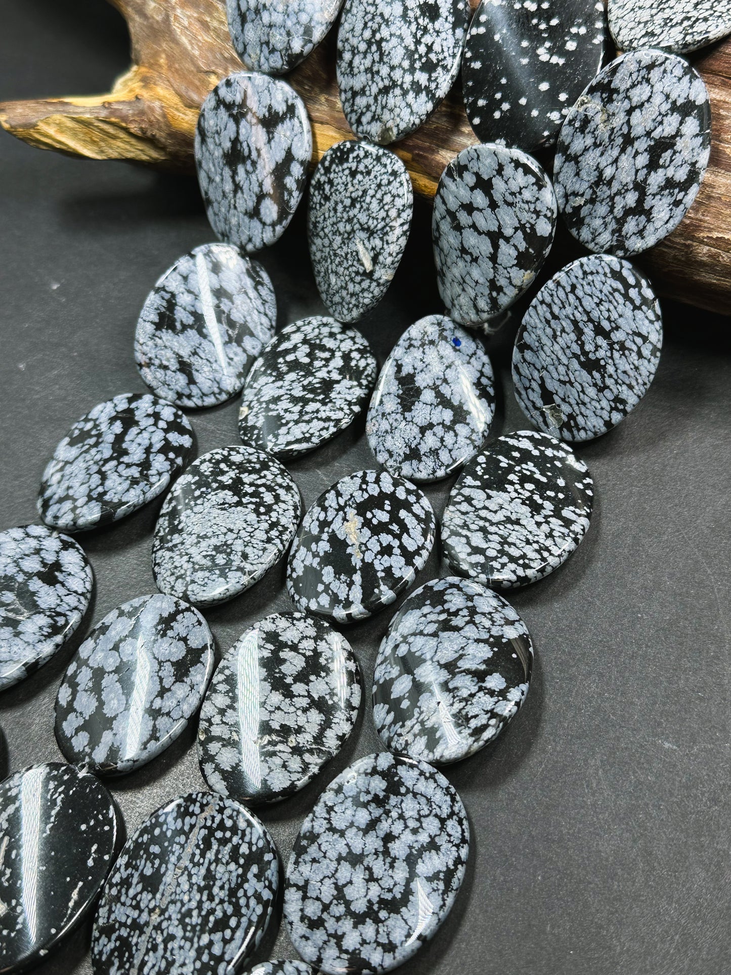 Natural Snowflake Obsidian Gemstone Bead 39x30mm Curved Oval Shape, Natural Black Gray Color Snowflake Obsidian Beads, Full Strand 15.5"