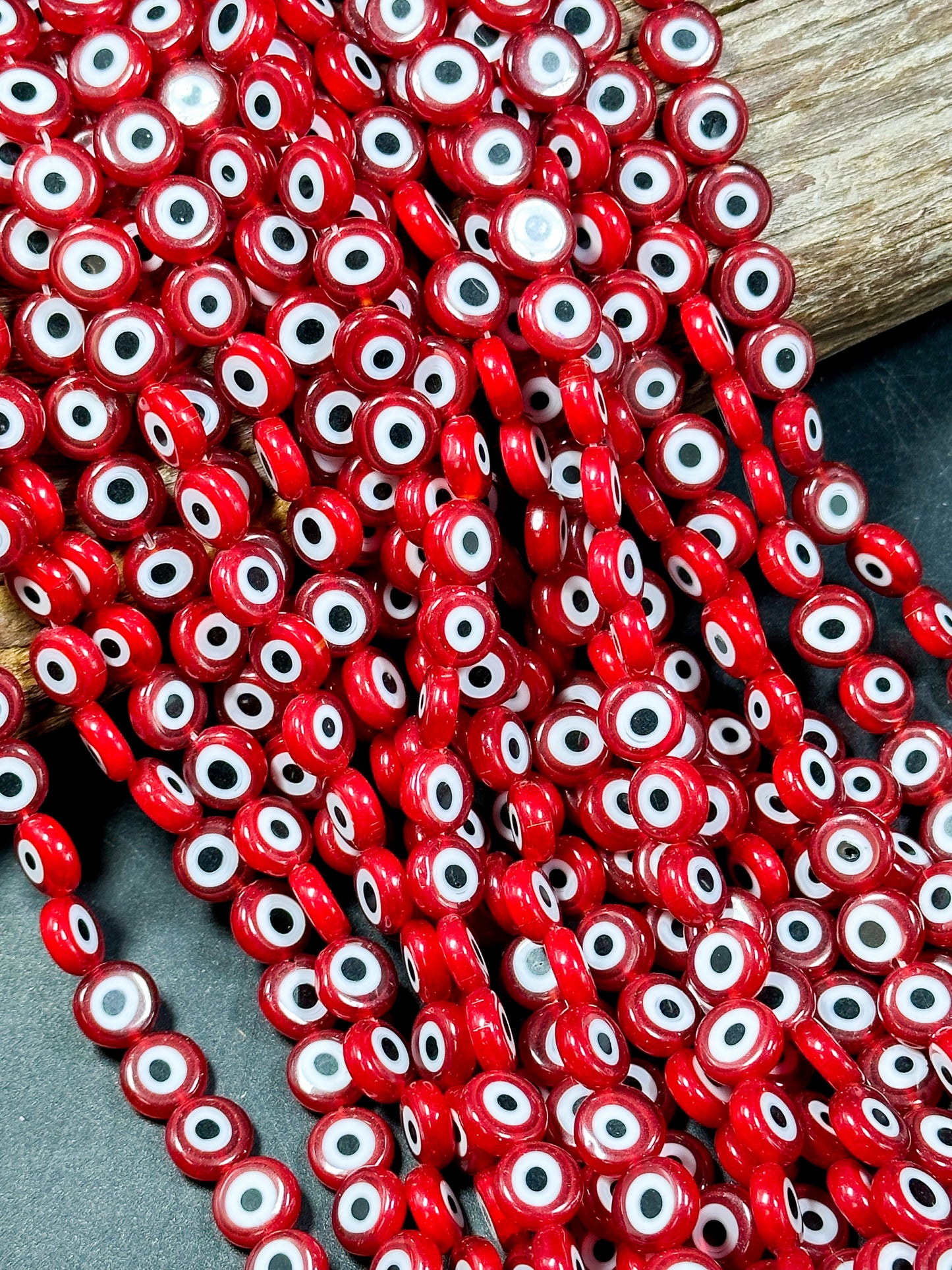Beautiful Evil Eye Glass Beads 8mm 10mm Flat Coin Shape, Beautiful Dark Red Color Evil Eye Glass Beads, Religious Amulet Prayer Beads