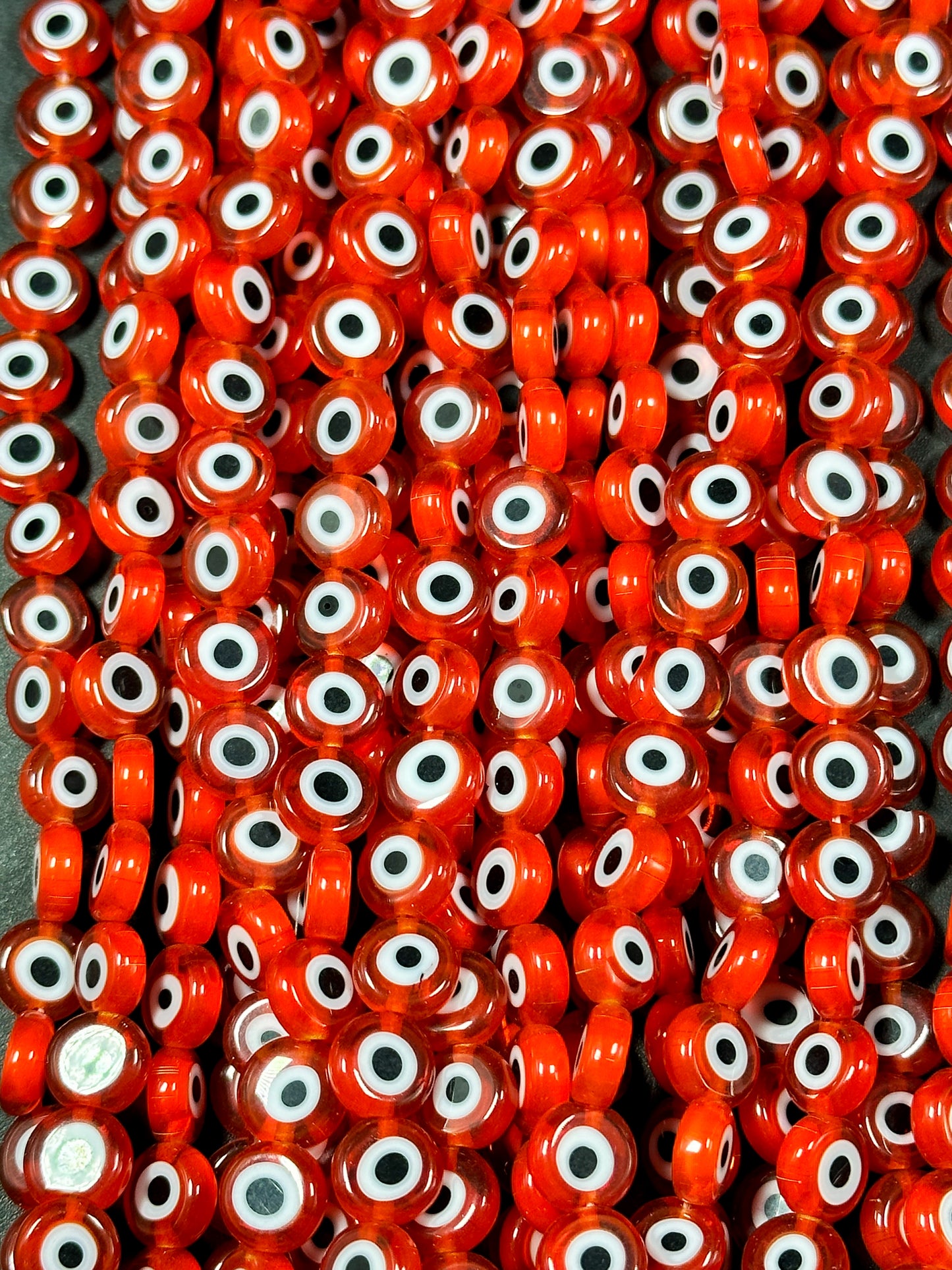Beautiful Evil Eye Glass Beads 8mm Flat Coin Shape, Beautiful Red Orange Color Evil Eye Beads, Religious Amulet Prayer Beads, Great Quality