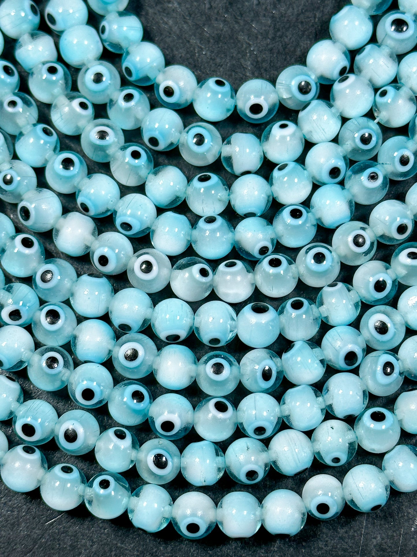 Beautiful Aqua Blue Evil Eye Glass Beads 8mm Round Beads, Beautiful Aqua Blue Clear Evil Eye Amulet Glass Beads, Full Strand Glass Beads