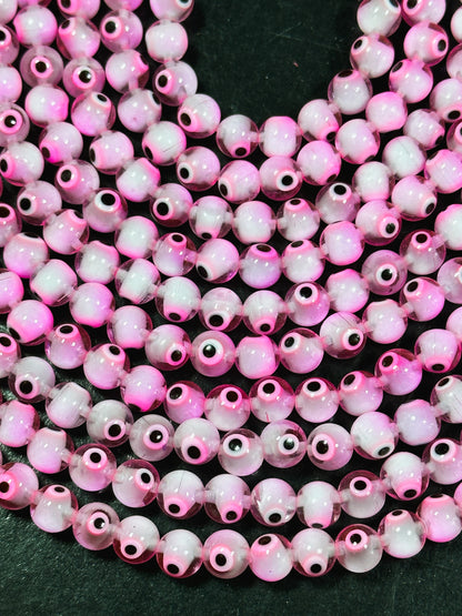 Beautiful Pink Evil Eye Glass Beads 4mm 6mm 8mm Round Beads, Beautiful Pink Clear Evil Eye Amulet Glass Beads, Full Strand Glass Beads