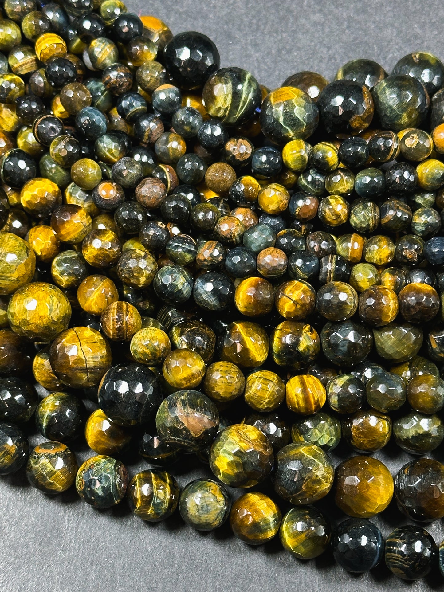 Natural Tiger Eye Gemstone Bead Faceted 6mm 8mm 10mm Round Beads, Beautiful Natural Brown Navy Blue Color Tiger Eye Stone Beads 15.5" Strand