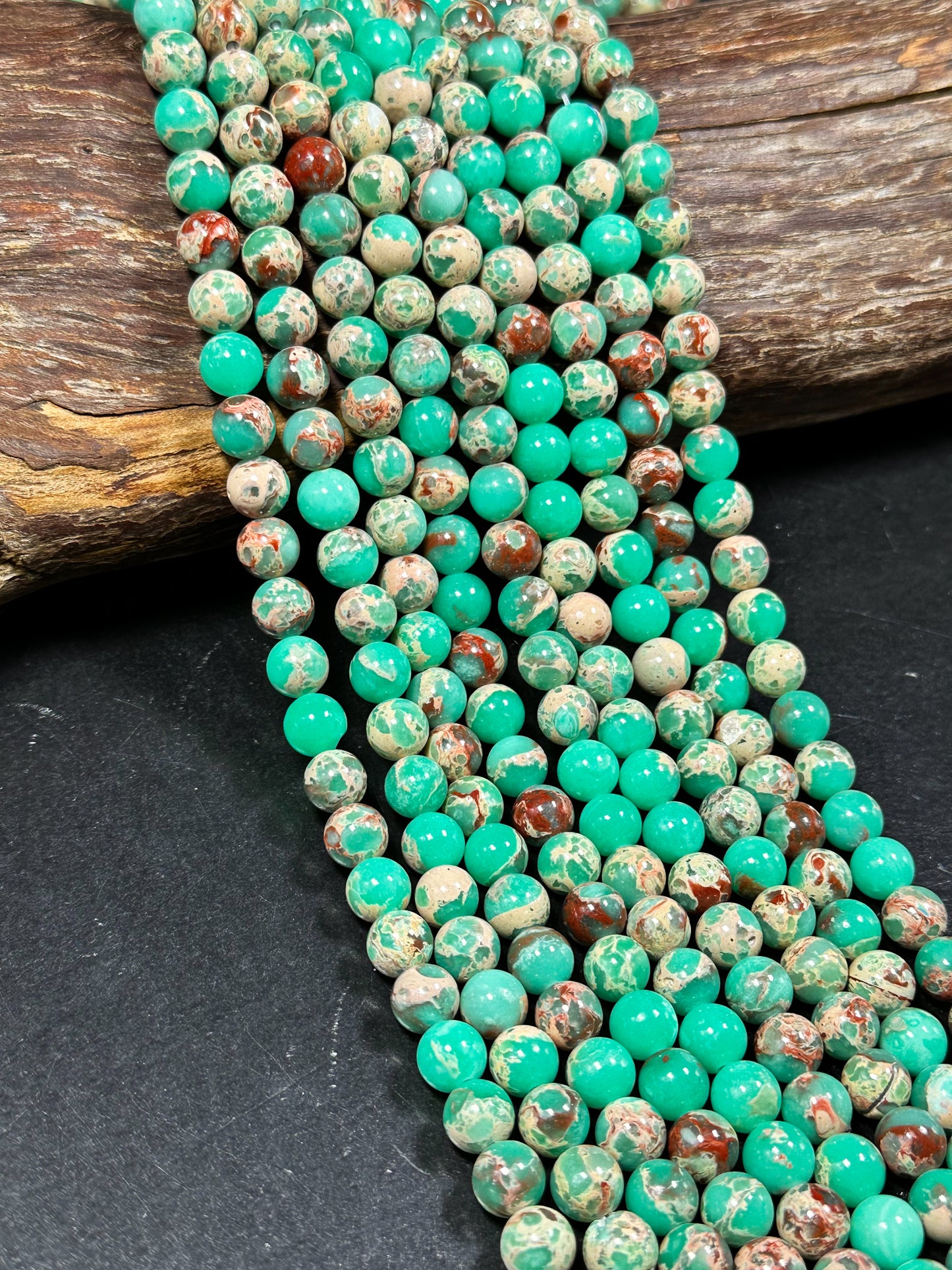 Natural Sea Sediment Jasper Gemstone Bead 6mm 8mm Round Beads, Beautiful Teal Green Beige Color Imperial Jasper Beads Full Strand 15.5"