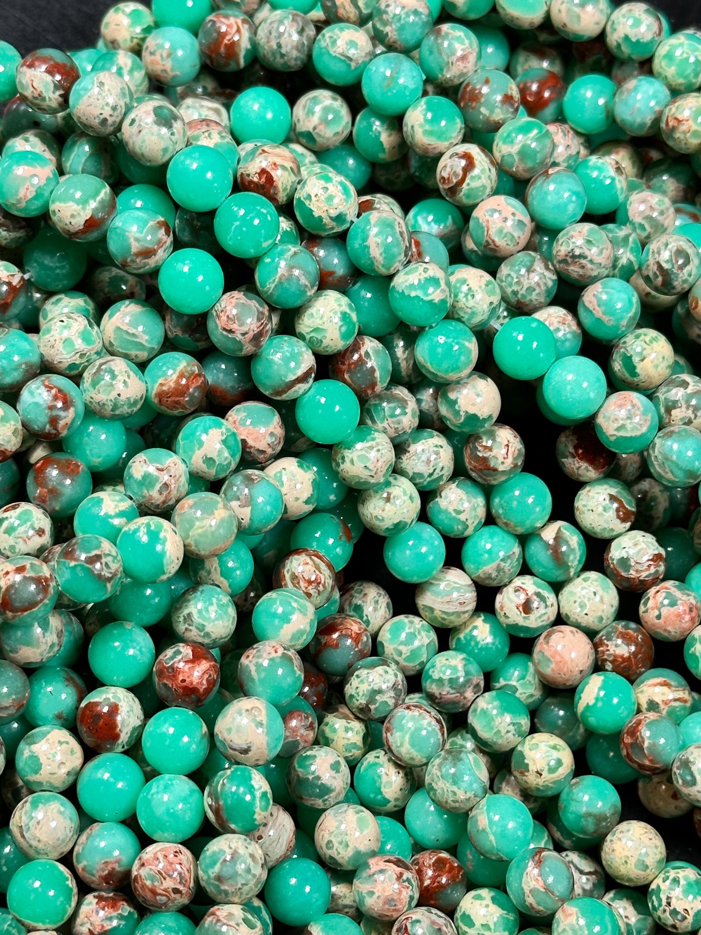 Natural Sea Sediment Jasper Gemstone Bead 6mm 8mm Round Beads, Beautiful Teal Green Beige Color Imperial Jasper Beads Full Strand 15.5"