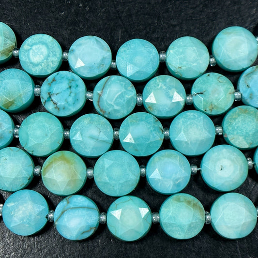 Natural Turquoise Gemstone Bead Faceted 10mm Coin Shape Bead, Beautiful Natural Blue Color Turquoise Beads, Full Strand 15.5"