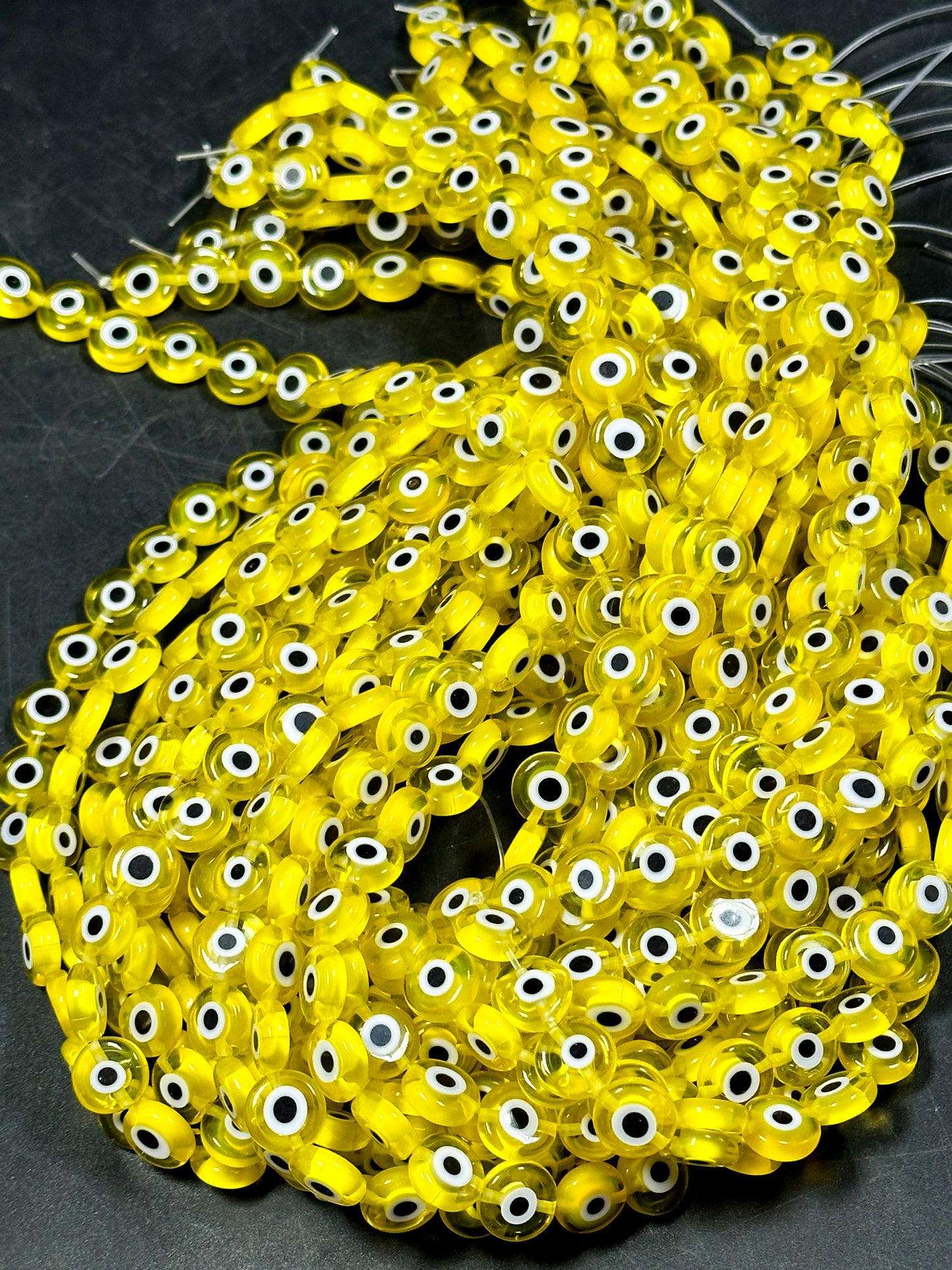 Beautiful Evil Eye Glass Beads 10mm Flat Coin Shape, Beautiful Clear Yellow Color Evil Eye Beads, Religious Amulet Prayer Great Quality Bead
