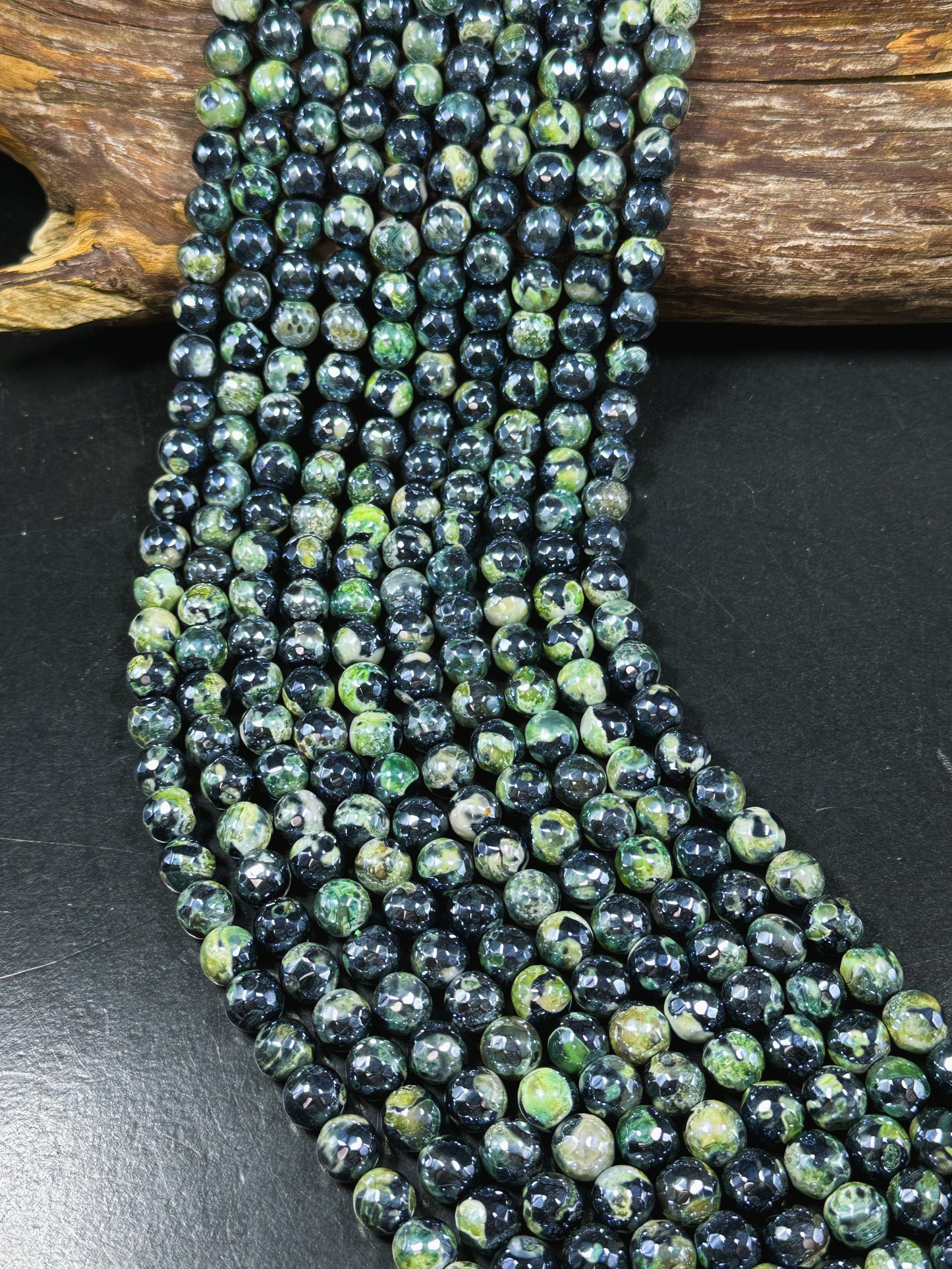 Mystic Natural Tibetan Agate Gemstone Bead Faceted 8mm 10mm Round Beads, Beautiful Mystic Green Black Agate Stone Beads, Full Strand 15.5"
