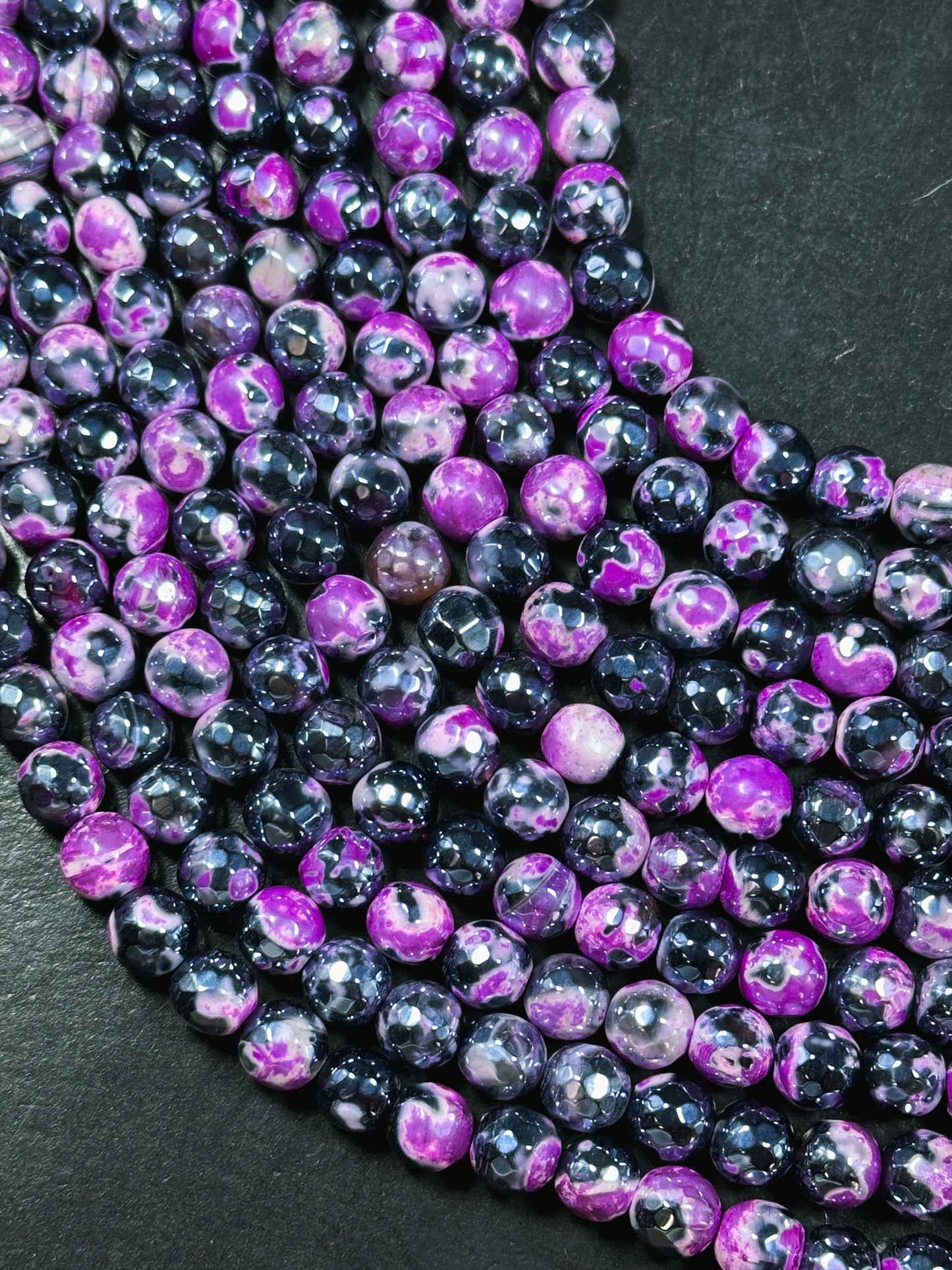 Mystic Natural Tibetan Agate Gemstone Bead Faceted 8mm 10mm Round Beads, Beautiful Mystic Black Pink Agate Stone Beads, Full Strand 15.5"