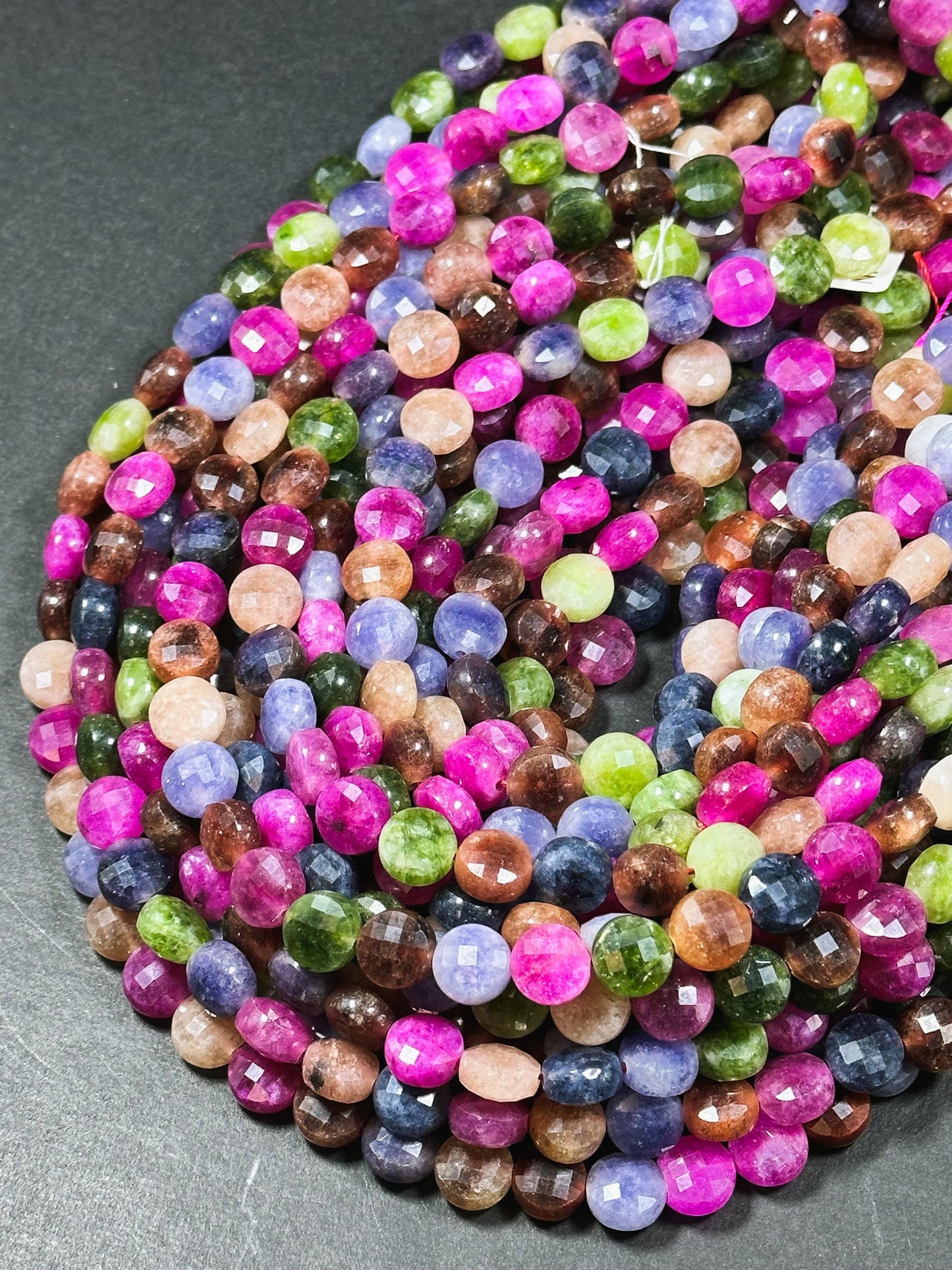 Natural Tourmaline Quartz Gemstone Bead Faceted 6mm 8mm 10mm Coin Shape, Beautiful Multicolor Tourmaline Beads, Excellent Quality Full Strand 15.5"