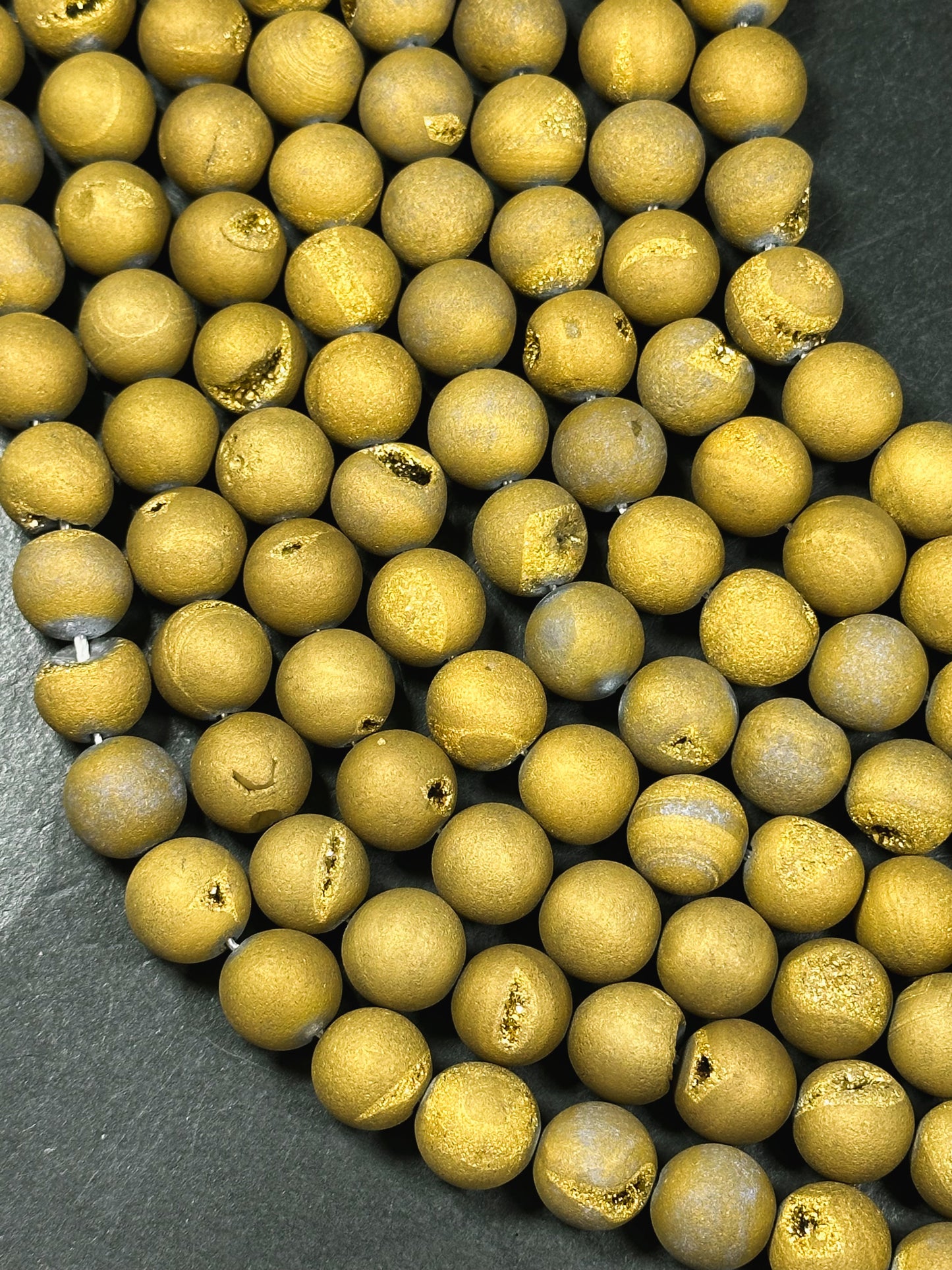 Natural Matte Druzy Agate Gemstone Beads 6mm 8mm 10mm 12mm Round Beads, Dark Yellow Brown Color Matte Druzy Agate Beads Full Strand 15.5"