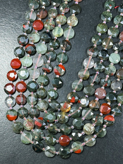Natural African Bloodstone Gemstone Bead Faceted 10mm Coin Shape, Beautiful Natural Red Gray Green Color Bloodstone Bead, Full Strand 15.5"