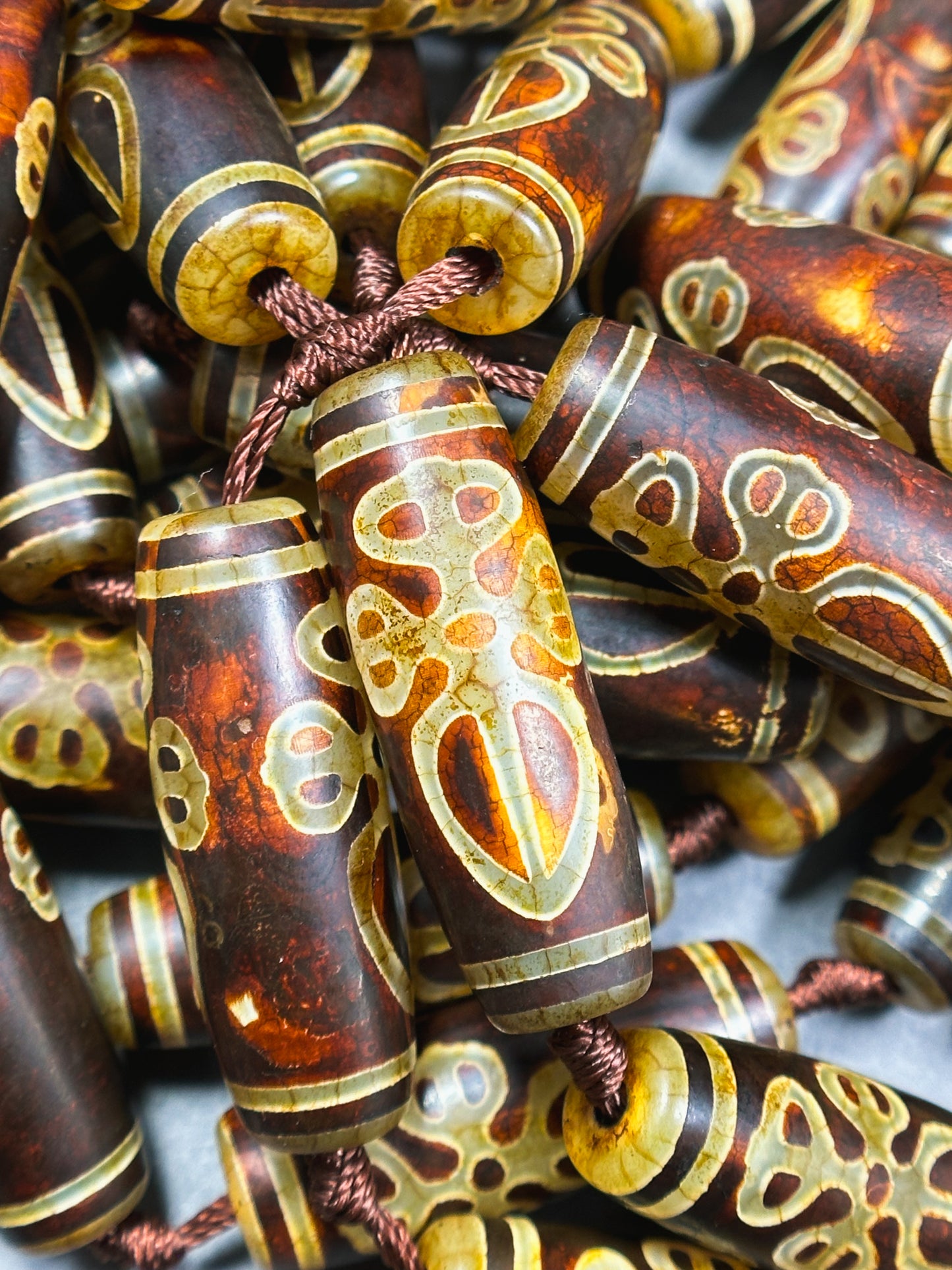 Natural Tibetan Gemstone Bead 39x14mm Barrel Shape Bead, Beautiful Brown Hand Painted Design Tibetan Beads, Great Quality Full Strand 15.5"