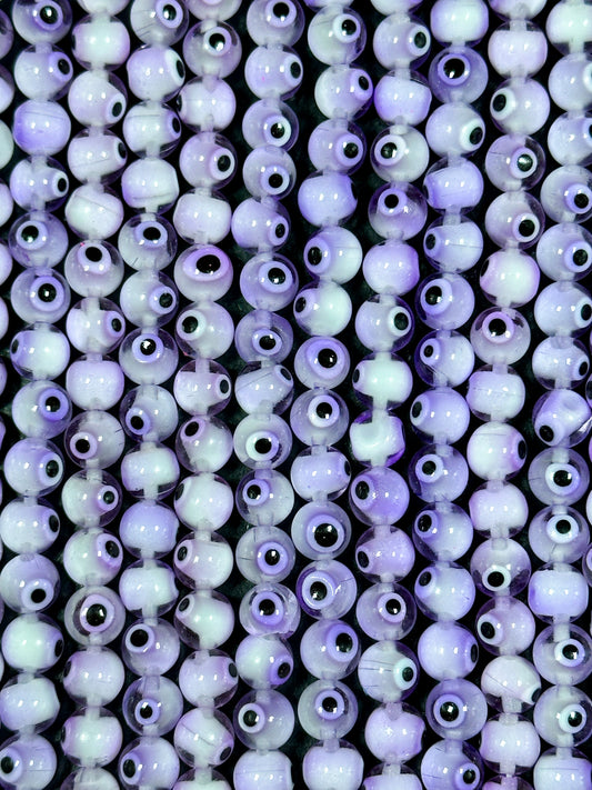 Beautiful Light Purple Evil Eye Glass Beads 4mm 8mm Round Beads, Beautiful Clear Light Purple Evil Eye Amulet Glass Beads, Full Strand Beads