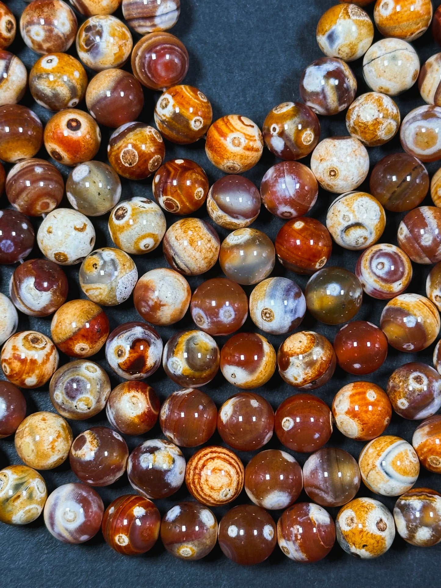 Natural Eye Agate Gemstone Bead 8mm 10mm Round Beads, Gorgeous Orange Red Beige Color Agate Gemstone Beads, Excellent Quality Full Strand 15.5"
