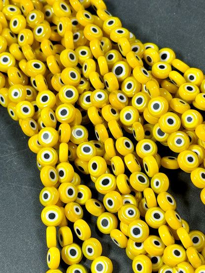Beautiful Evil Eye Glass Beads 8mm Flat Coin Shape, Beautiful Yellow Color Evil Eye Beads, Religious Amulet Prayer Beads, Great Quality Bead