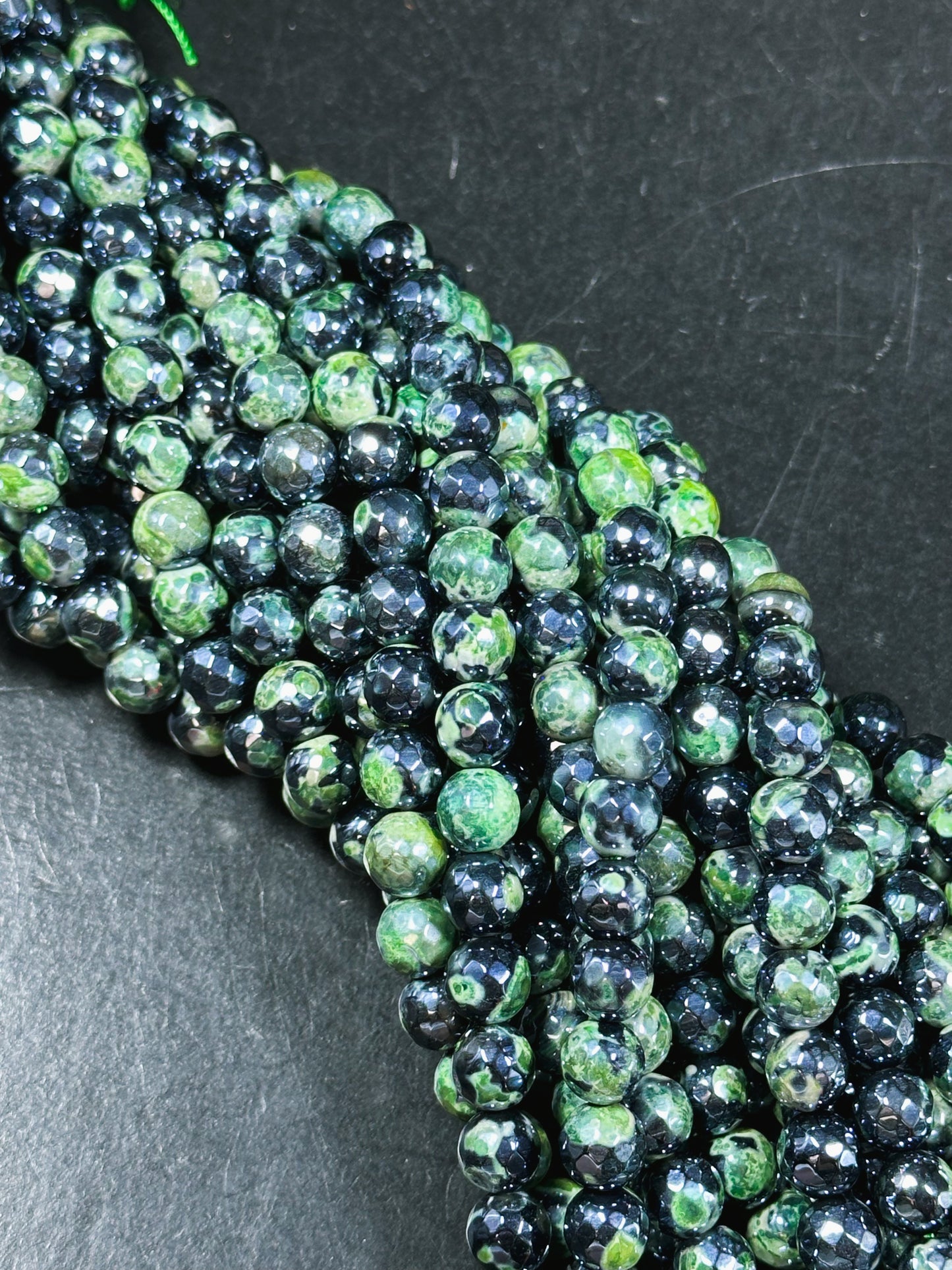 Mystic Natural Tibetan Agate Gemstone Bead Faceted 8mm 10mm Round Beads, Beautiful Mystic Green Black Agate Stone Beads, Full Strand 15.5"