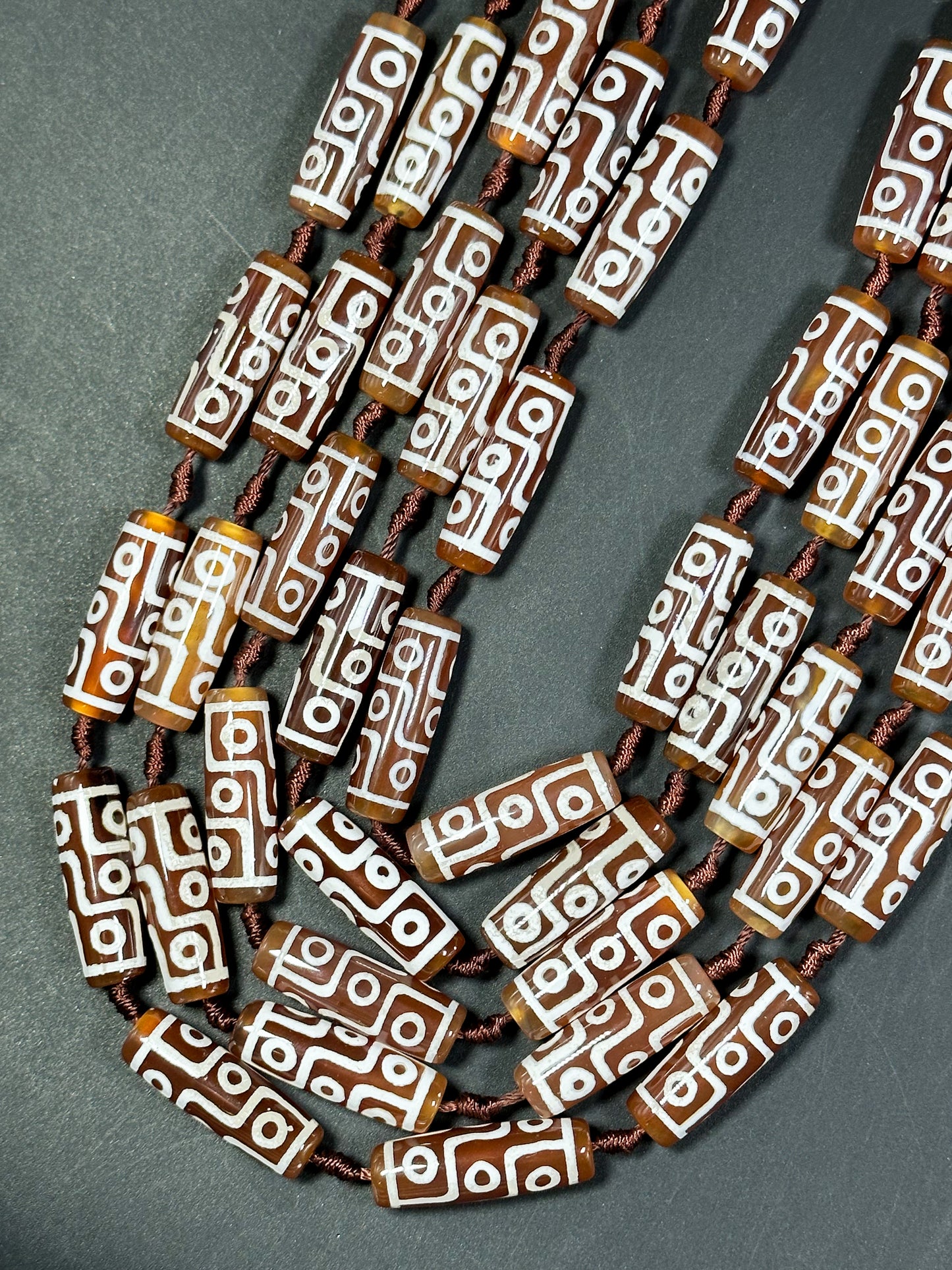 Natural Hand Painted Tibetan Gemstone Bead 30x10mm Tube Shape, Beautiful Brown White Color Tibetan Gemstone Bead Full Strand 15.5"