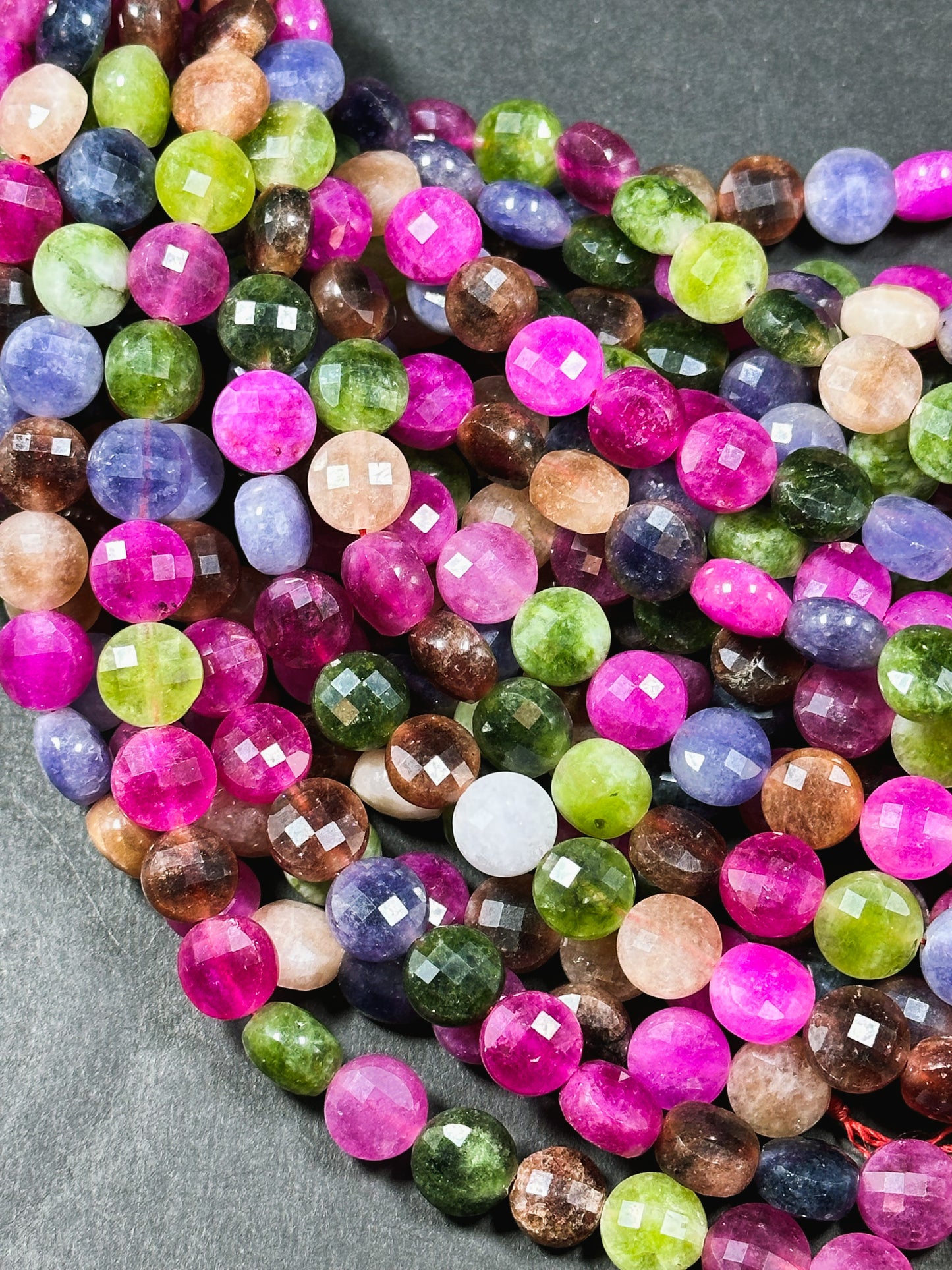 Natural Tourmaline Quartz Gemstone Bead Faceted 6mm 8mm 10mm Coin Shape, Beautiful Multicolor Tourmaline Beads, Excellent Quality Full Strand 15.5"