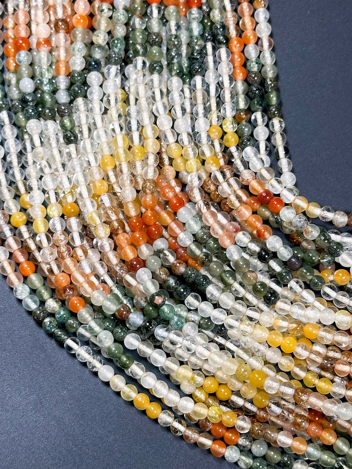 Natural Multi Rutilated Quartz Gemstone Bead 4mm Round Beads, Beautiful Multicolor Clear Yellow Orange Green Rutilated Quartz Beads 15.5"