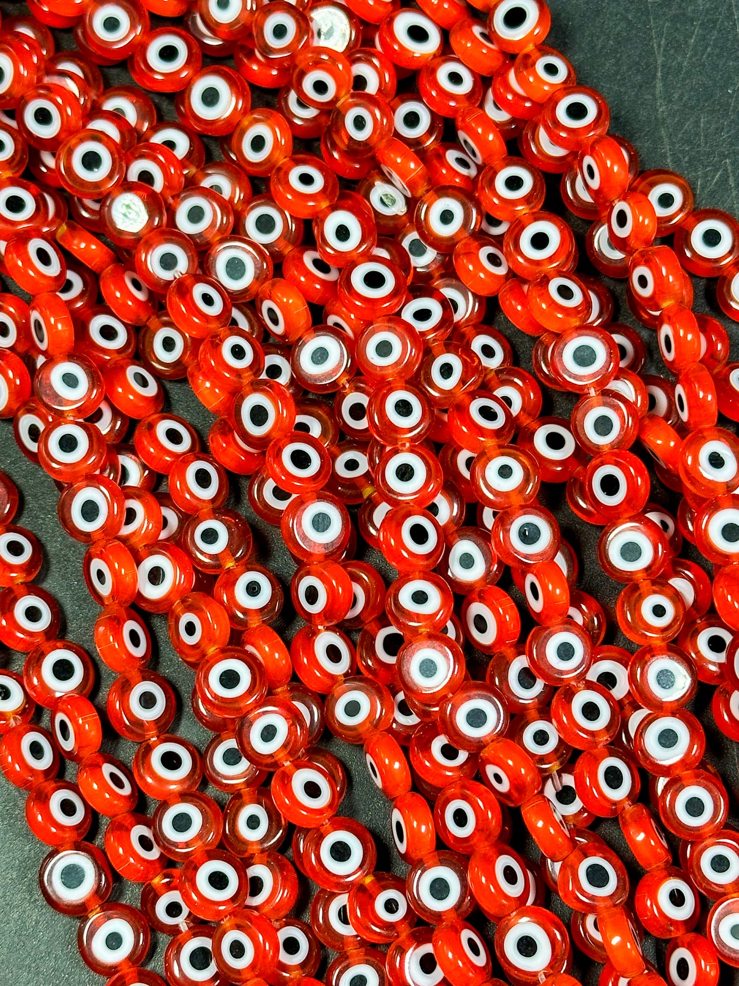 Beautiful Evil Eye Glass Beads 8mm Flat Coin Shape, Beautiful Red Orange Color Evil Eye Beads, Religious Amulet Prayer Beads, Great Quality